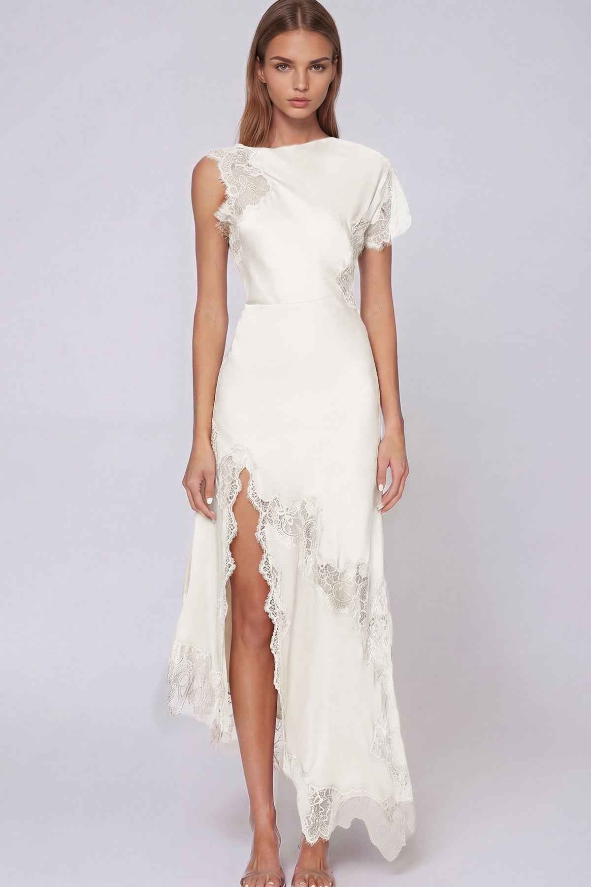 Firdaus Lace Asymmetric Maxi Evening Dress - Apricot