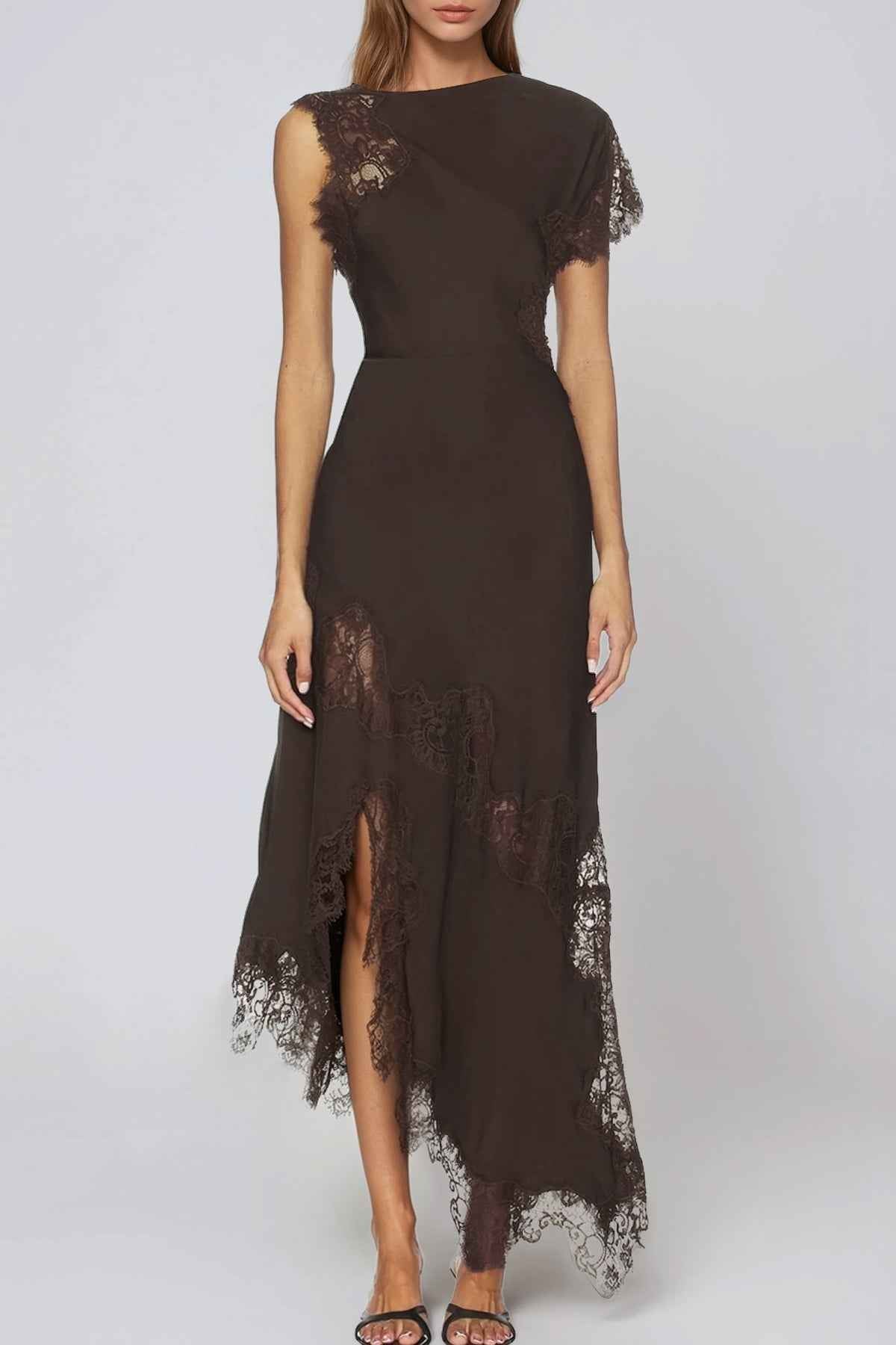 Firdaus Lace Asymmetric Maxi Evening Dress - Black