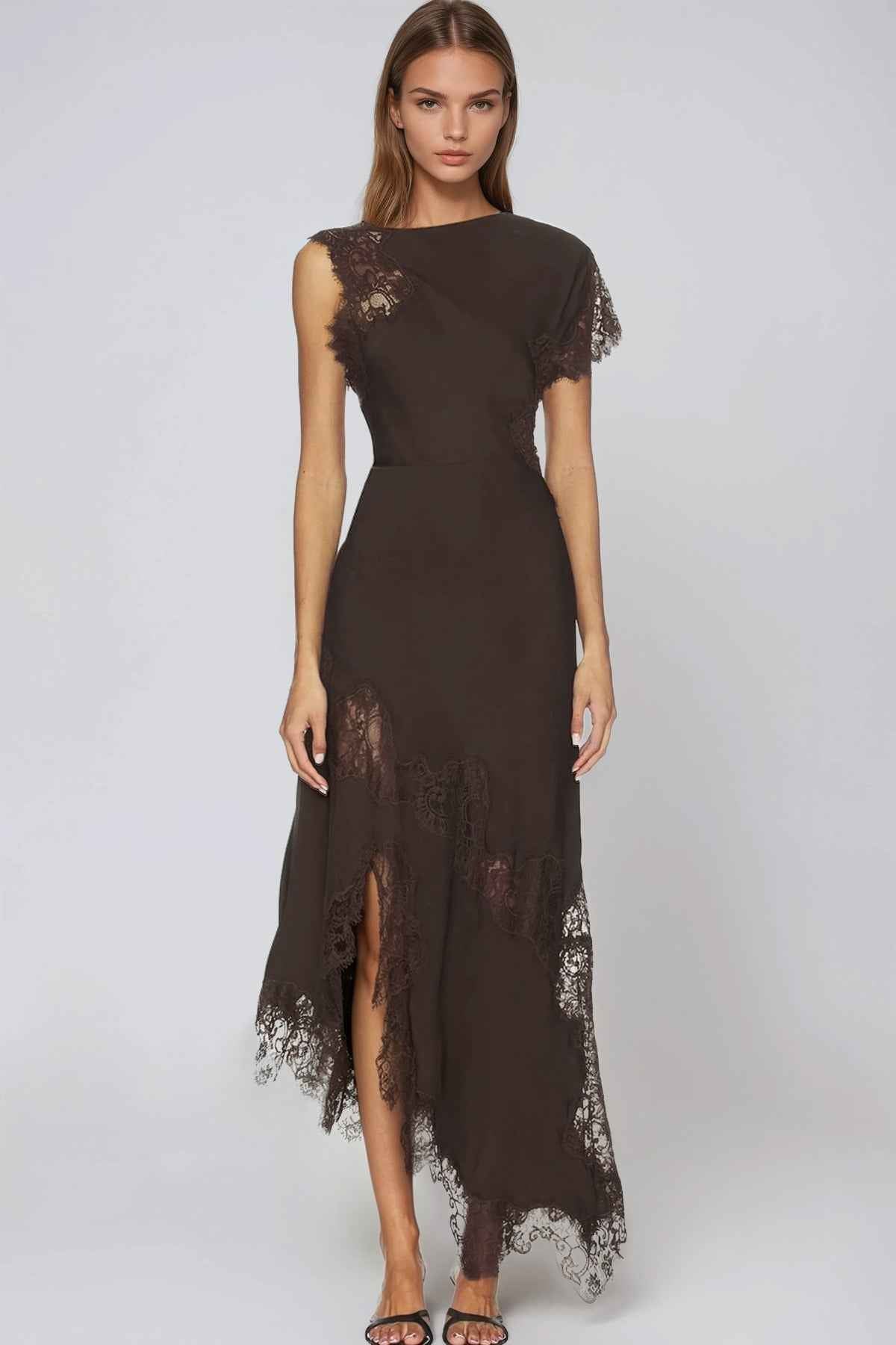 Firdaus Lace Asymmetric Maxi Evening Dress - Black
