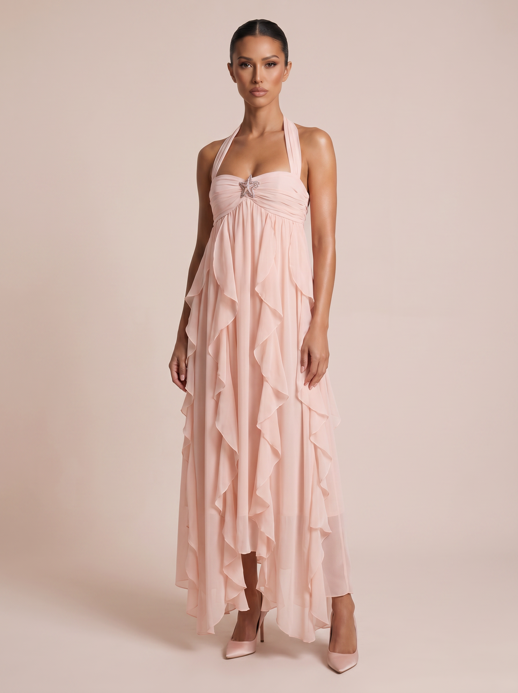 Isodle Strapless Ruffle Halter Backless Summer Maxi Dress