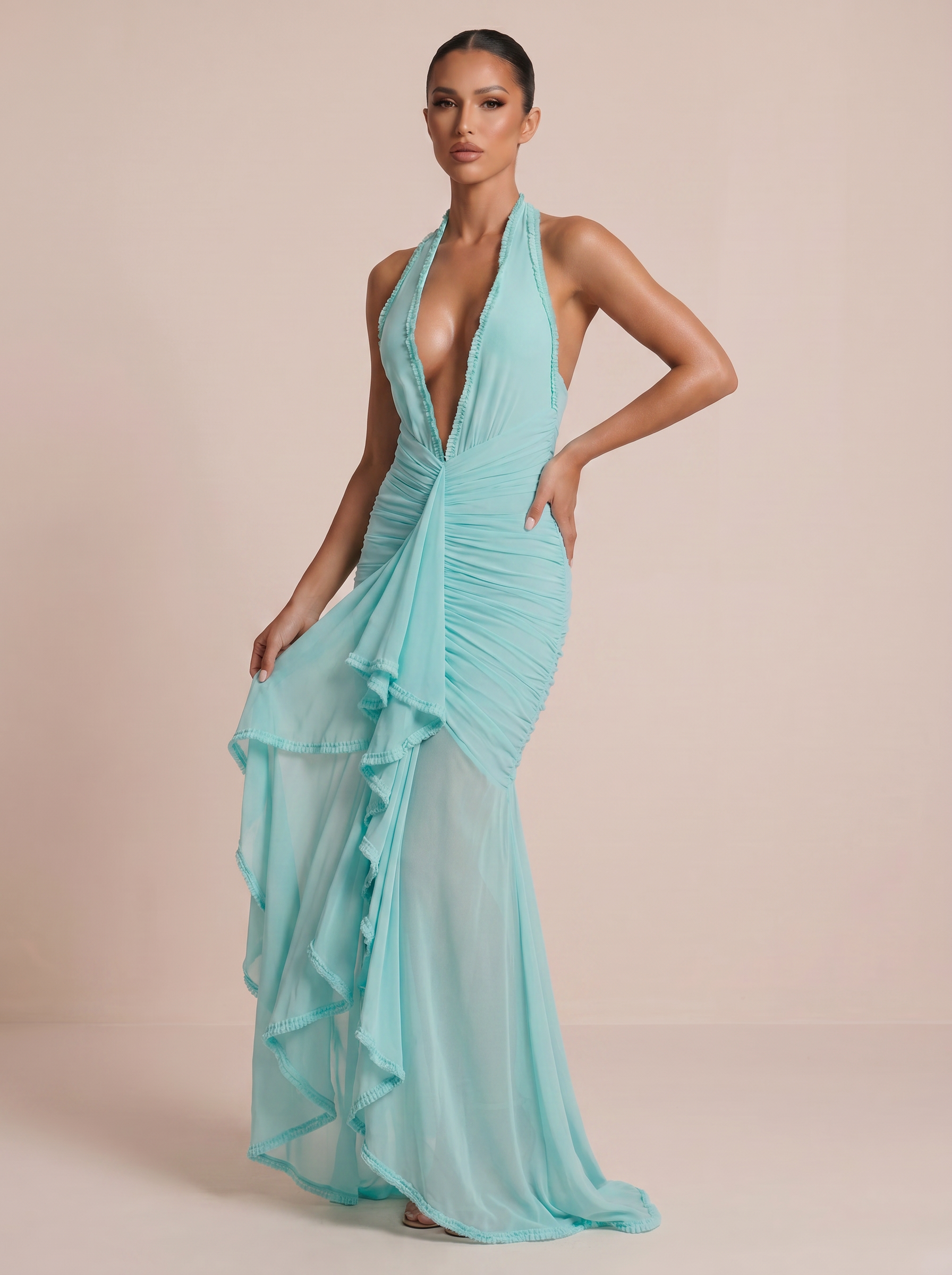 Lily Elegant Halter Deep V Neck Ruffle Maxi Dress