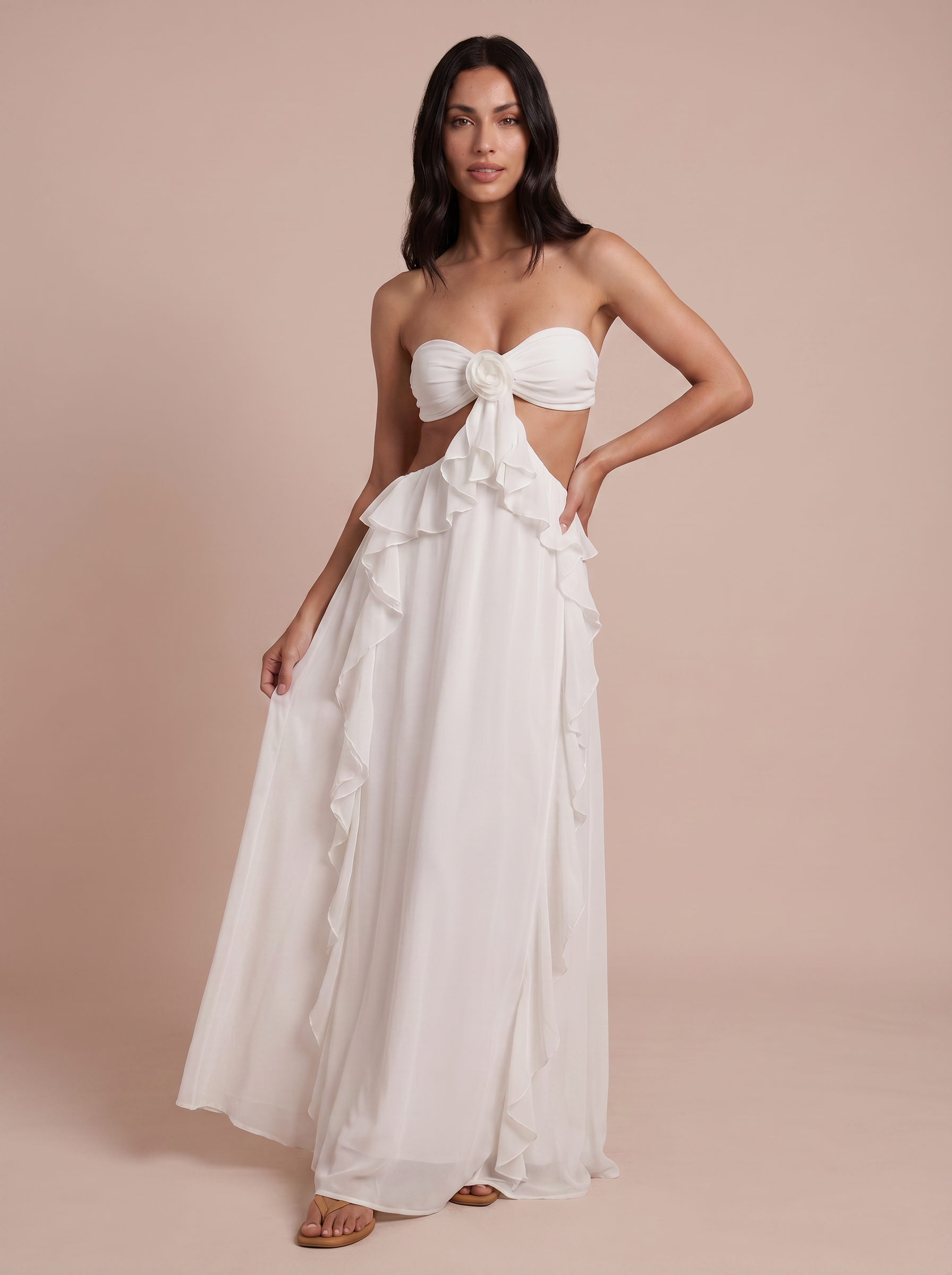 Kindia White Strapless Ruffle Summer Maxi Dress