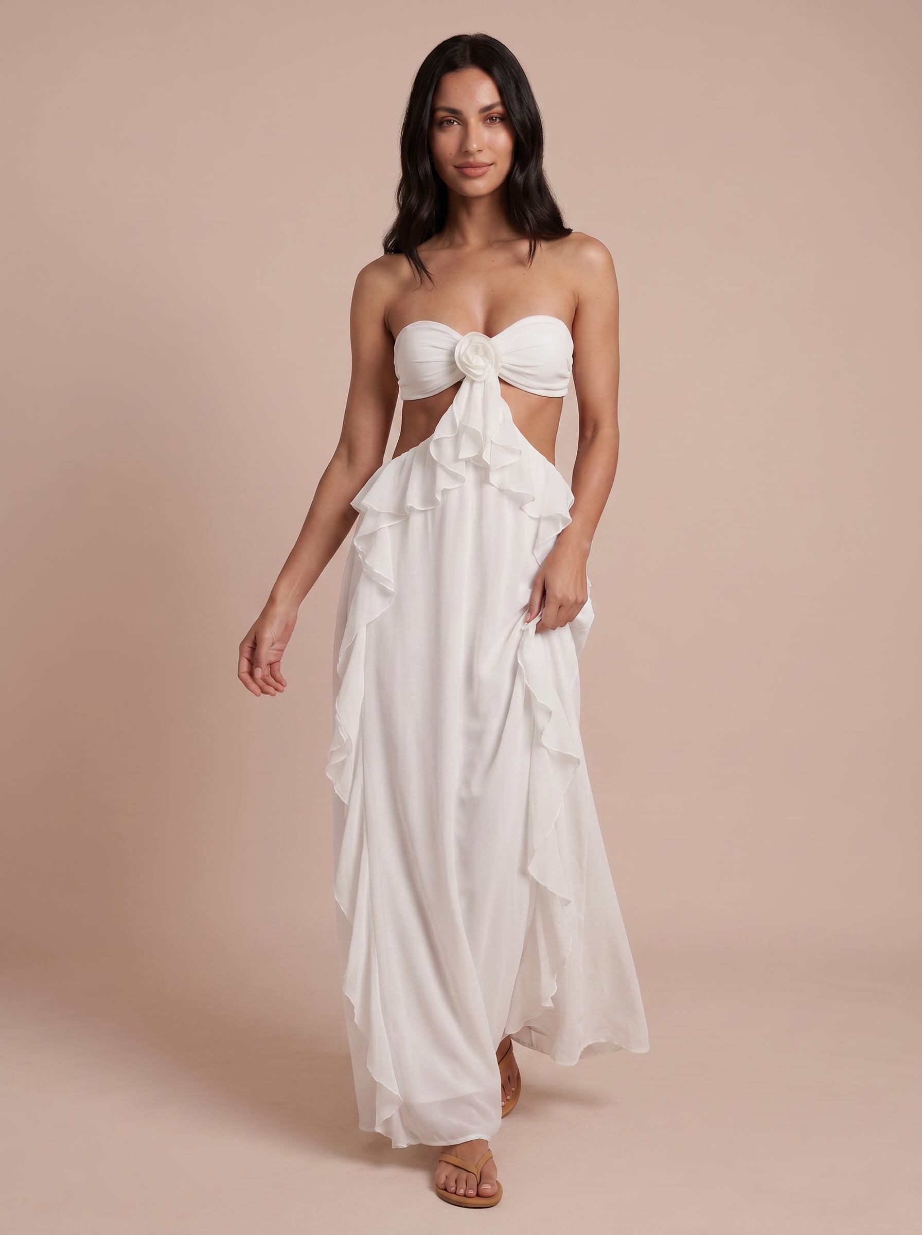 Kindia White Strapless Ruffle Summer Maxi Dress