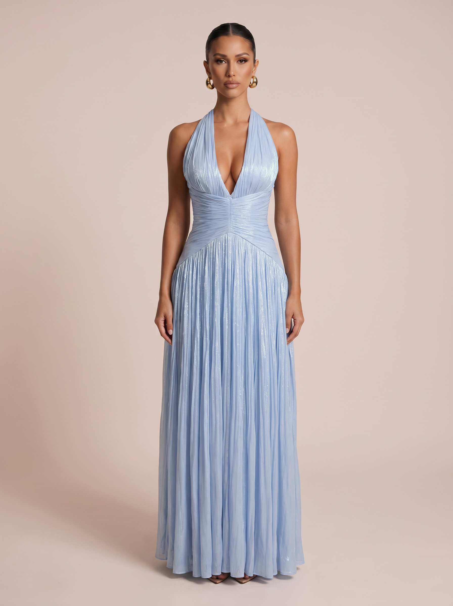 Simia Blue Elegant V Neck Sleeveless Maxi Dress