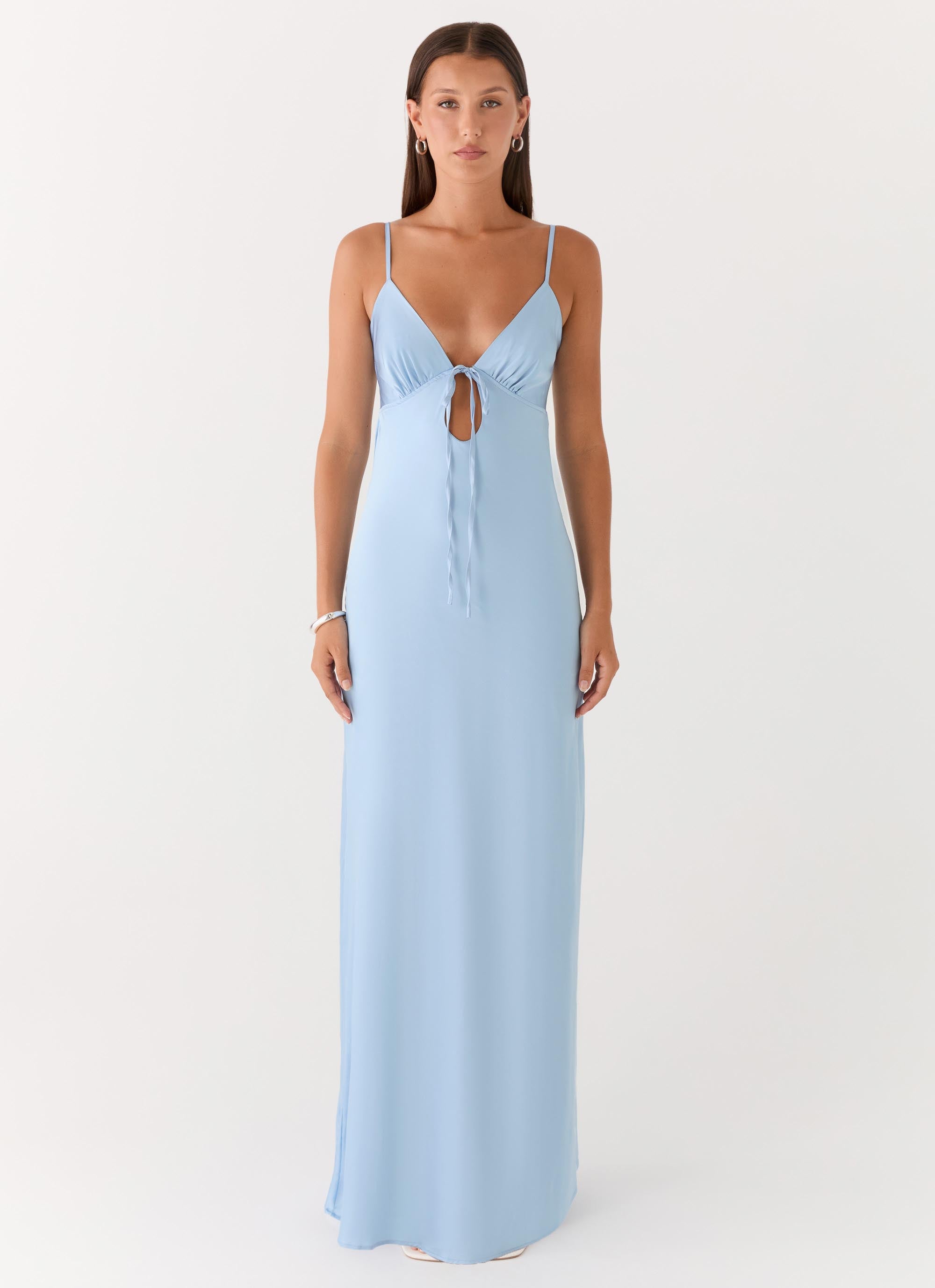 Flora Maxi Dress - Ice Blue Satin Tie-Front - ICYBOO