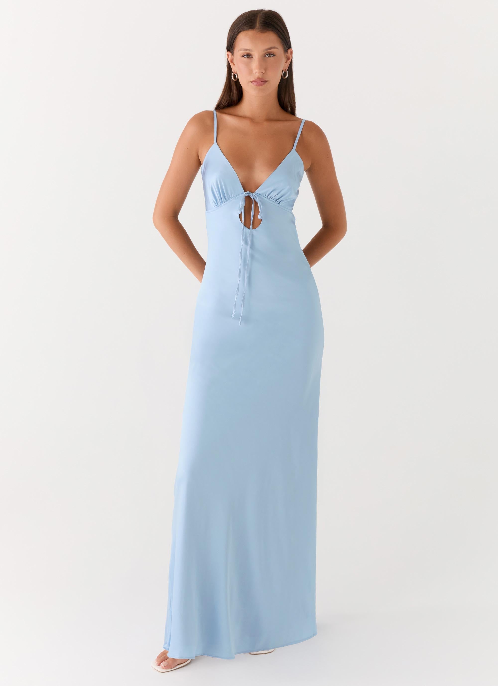 Flora Maxi Dress - Ice Blue Satin Tie-Front - ICYBOO