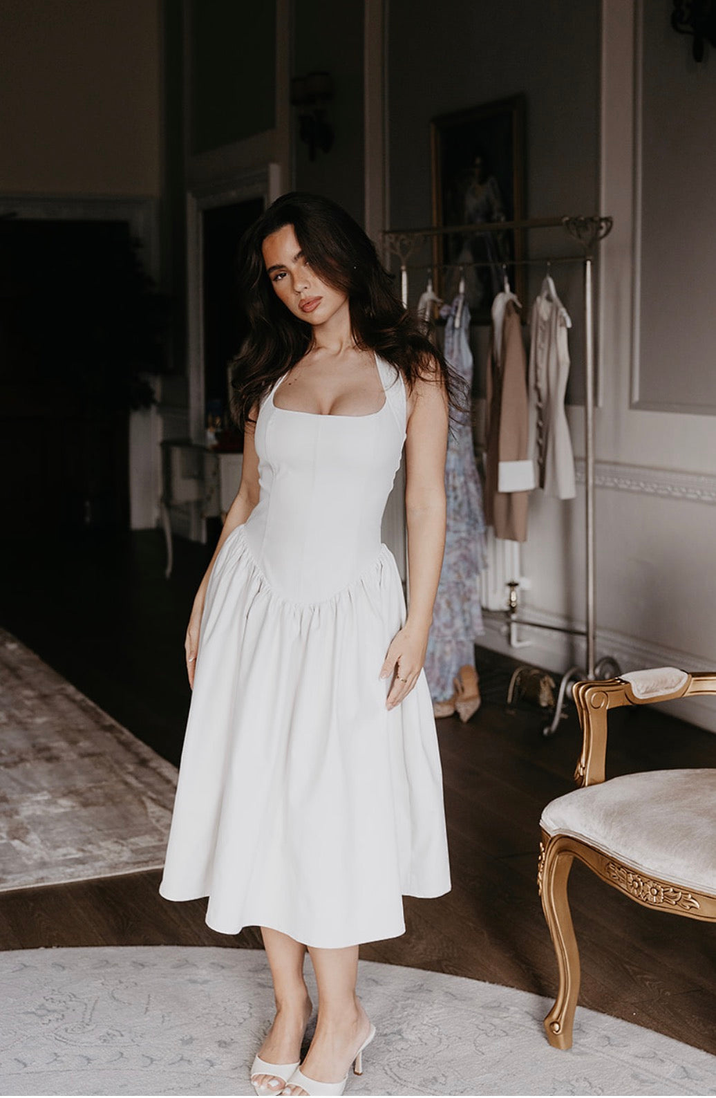 BLYTHE Halterneck Structured Midi Dress In Ivory - ICYBOO