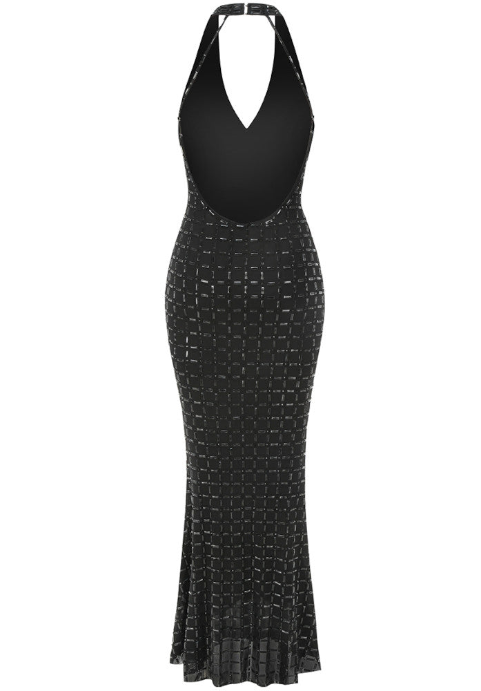 Halter Bustier Embellished Maxi Dress Black - ICYBOO
