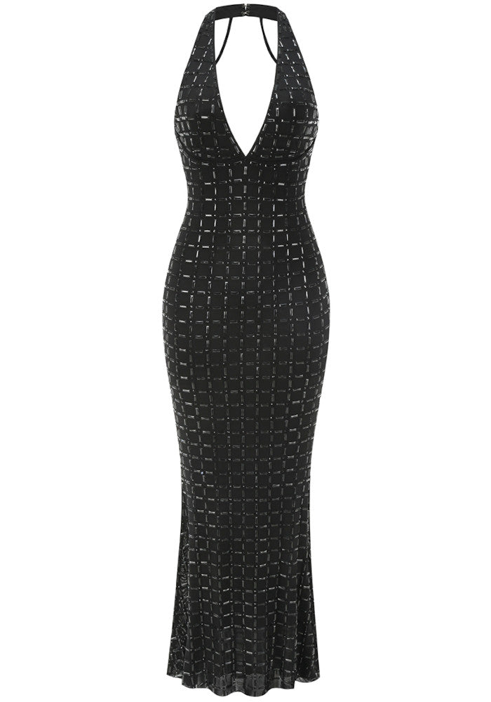 Halter Bustier Embellished Maxi Dress Black - ICYBOO
