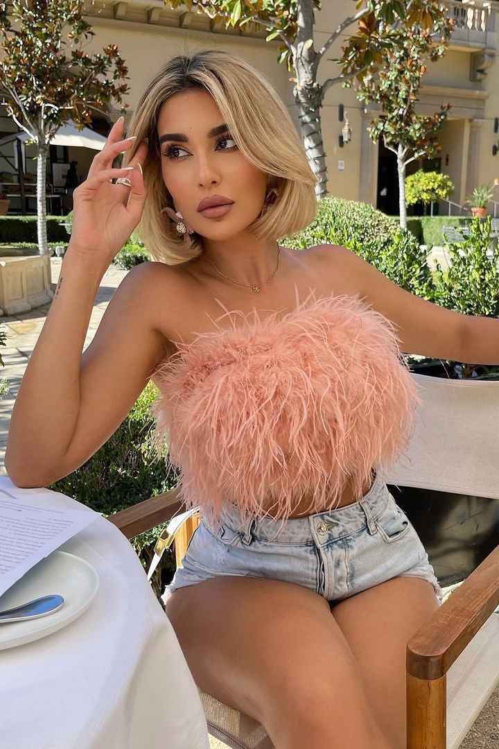 Romee | Women's Strapless Feather Festival Party Top