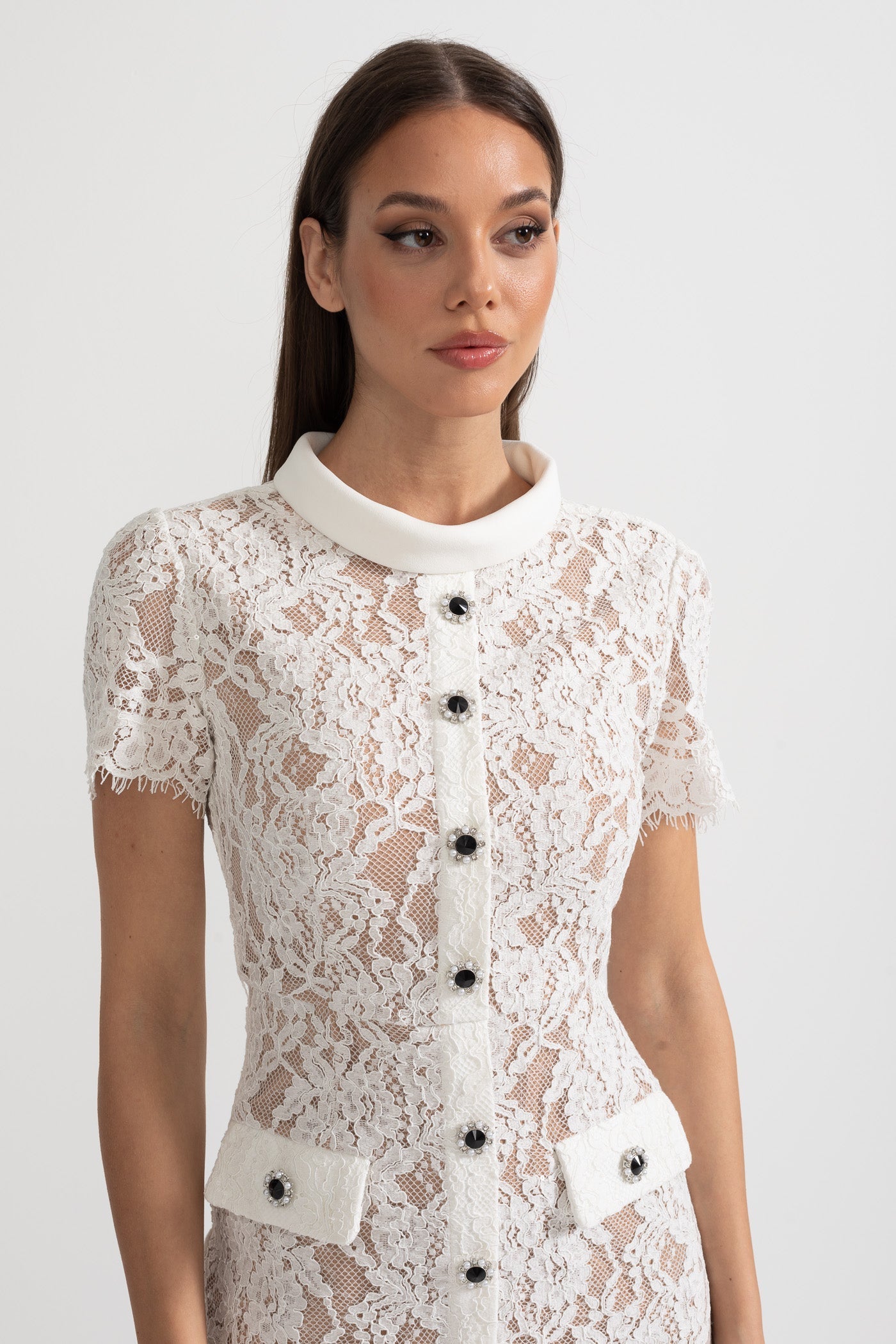 Elegant Short Sleeve Lace Dress With Matching Waist Belt - White - ICYBOO