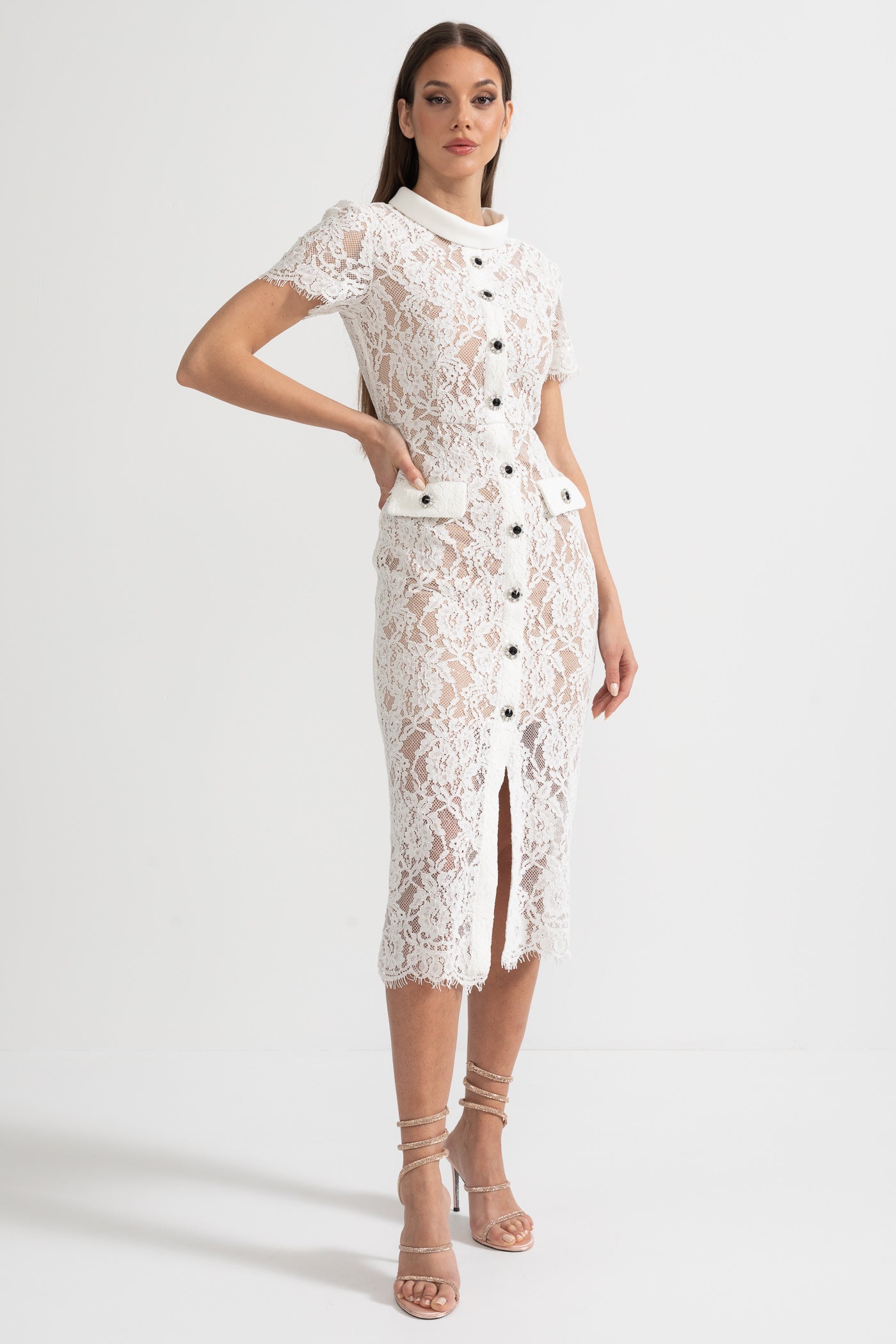 Elegant Short Sleeve Lace Dress With Matching Waist Belt - White - ICYBOO