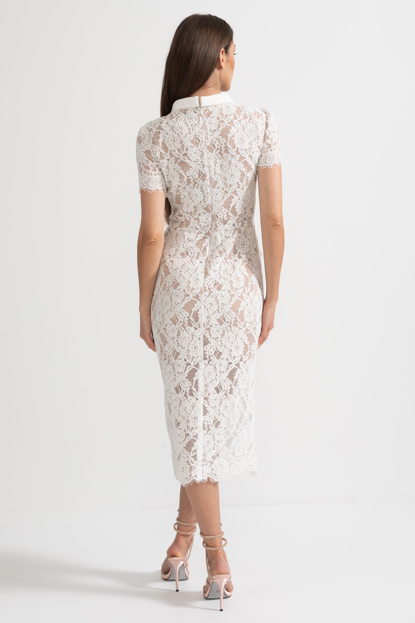Elegant Short Sleeve Lace Dress With Matching Waist Belt - White - ICYBOO