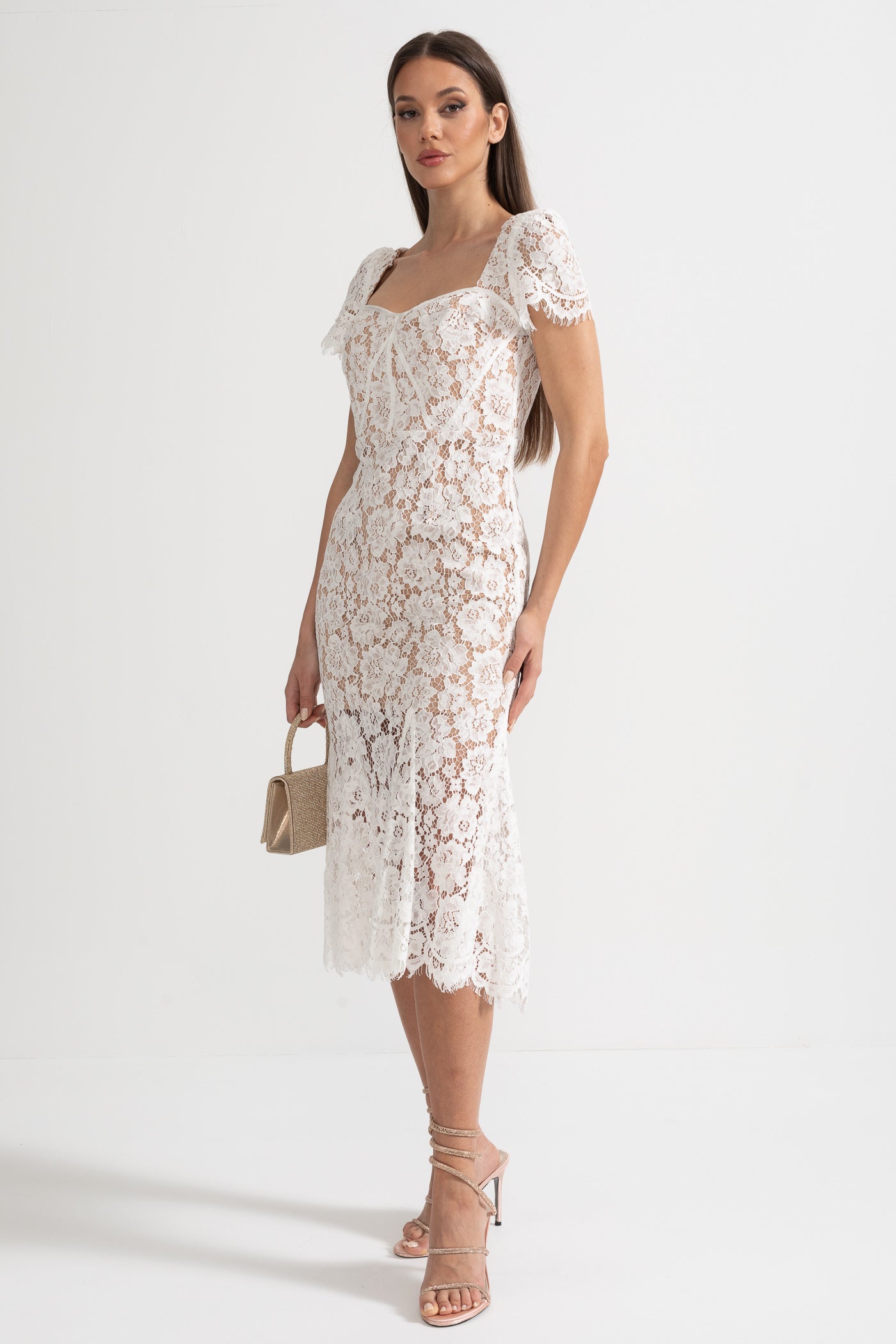 Short Sleeved Lace Dress With Delicate Matching Waist Belt - White - ICYBOO