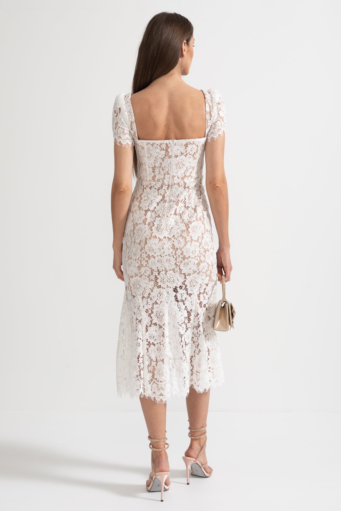 Short Sleeved Lace Dress With Delicate Matching Waist Belt - White - ICYBOO