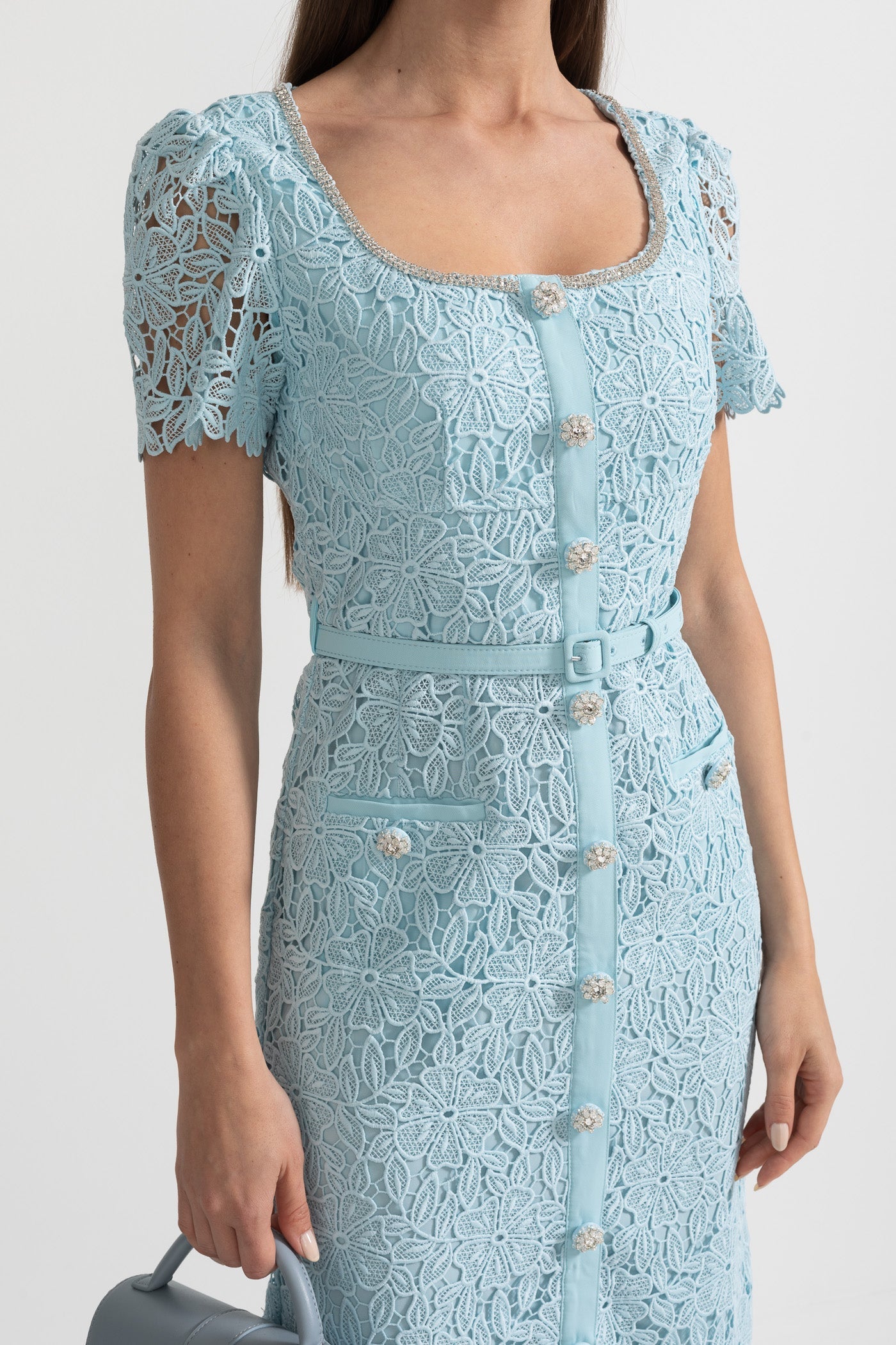 Delicate Azure Lace Midi Dress - Baby Blue - ICYBOO