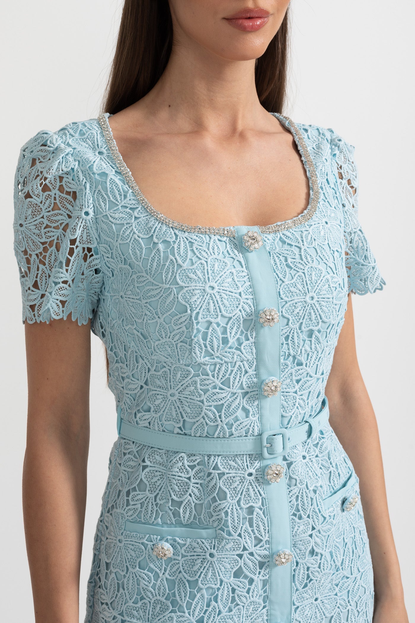 Delicate Azure Lace Midi Dress - Baby Blue - ICYBOO