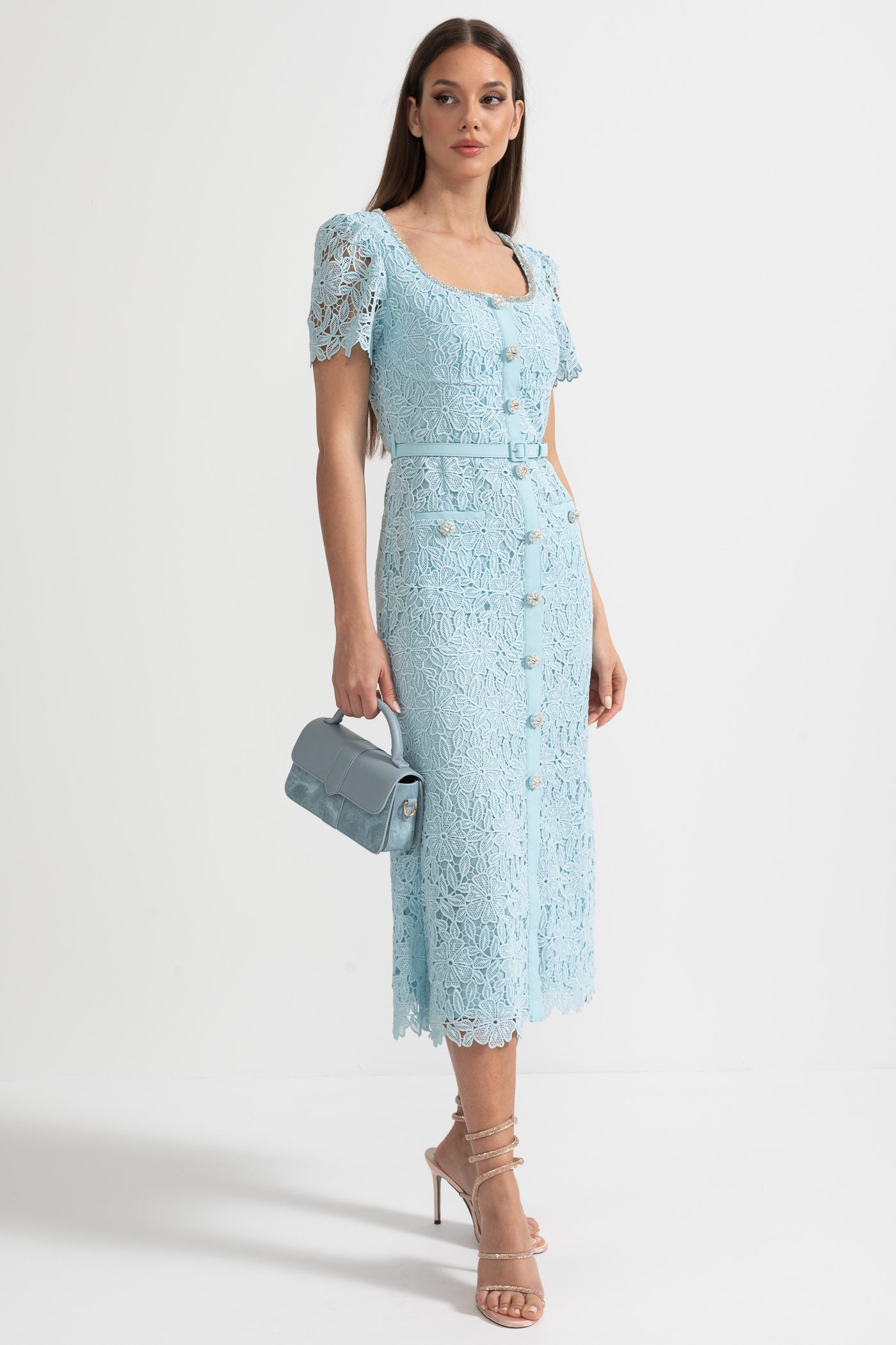 Delicate Azure Lace Midi Dress - Baby Blue - ICYBOO