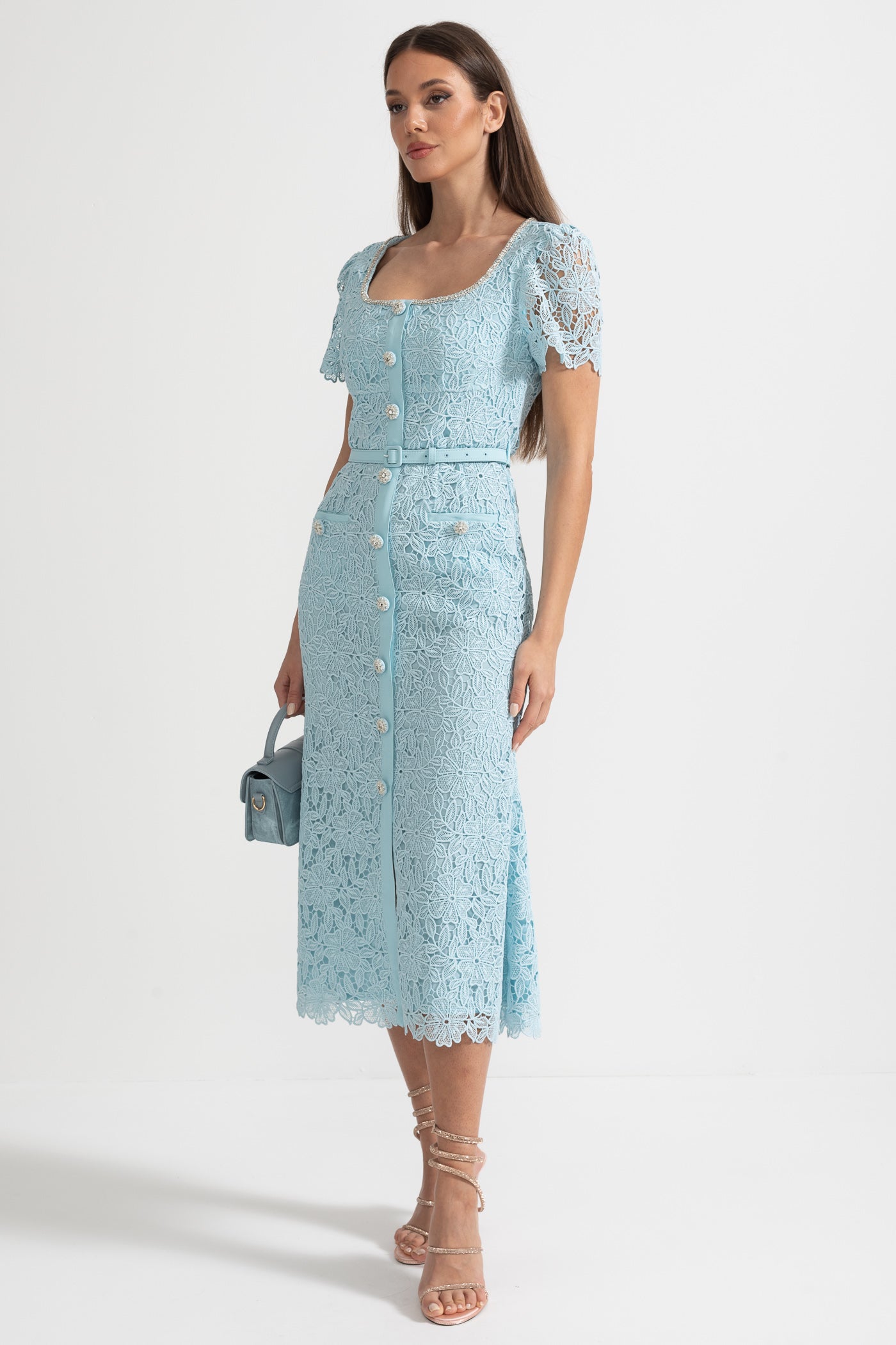 Delicate Azure Lace Midi Dress - Baby Blue - ICYBOO