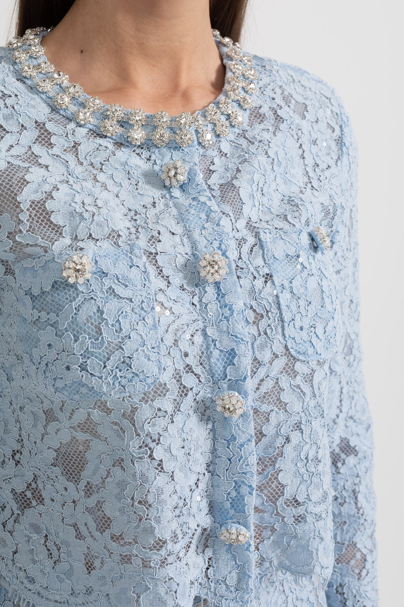 Lace Co-Ord With Sparkling Neckline Embellishments And Midi Skirt - Blue - ICYBOO