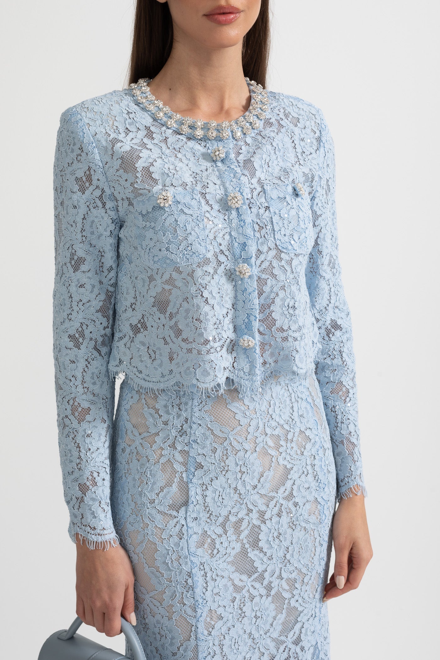Lace Co-Ord With Sparkling Neckline Embellishments And Midi Skirt - Blue - ICYBOO