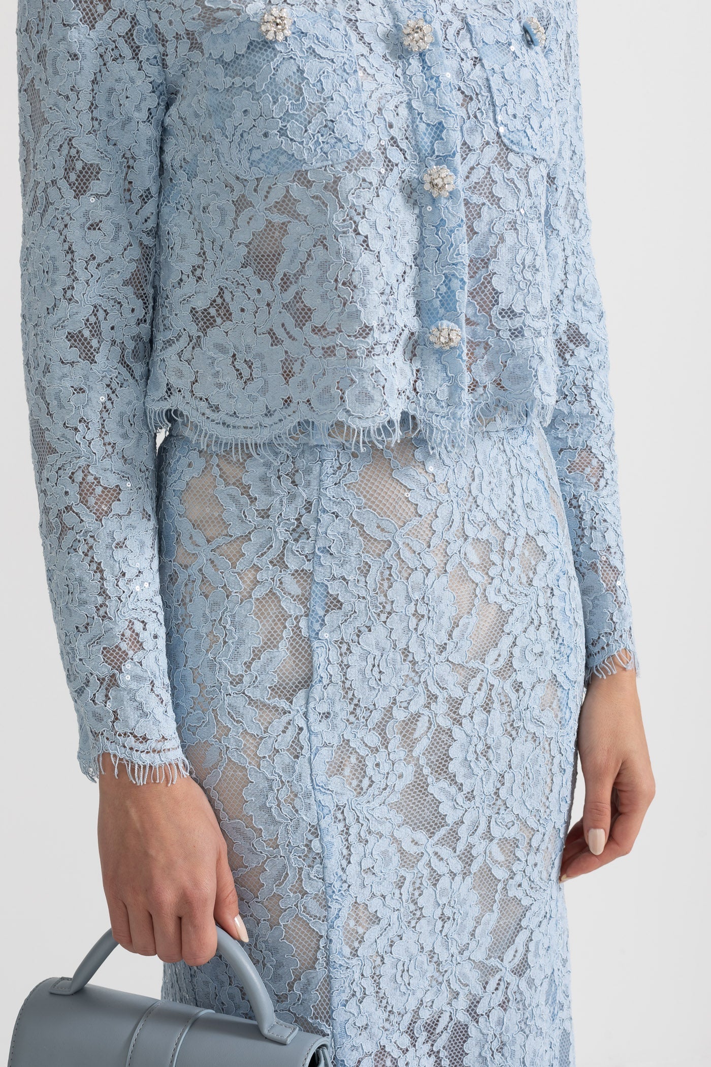 Lace Co-Ord With Sparkling Neckline Embellishments And Midi Skirt - Blue - ICYBOO