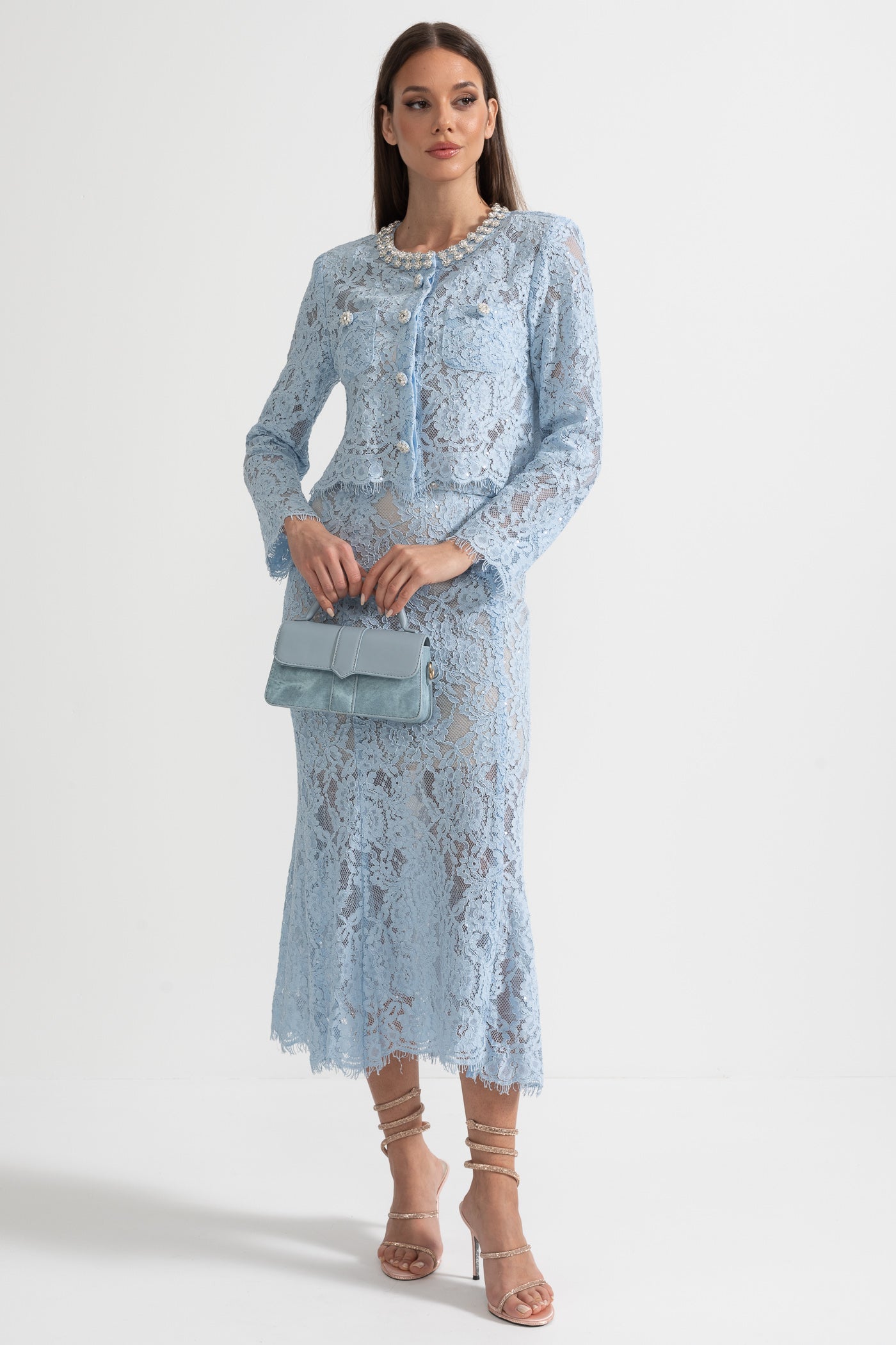 Lace Co-Ord With Sparkling Neckline Embellishments And Midi Skirt - Blue - ICYBOO