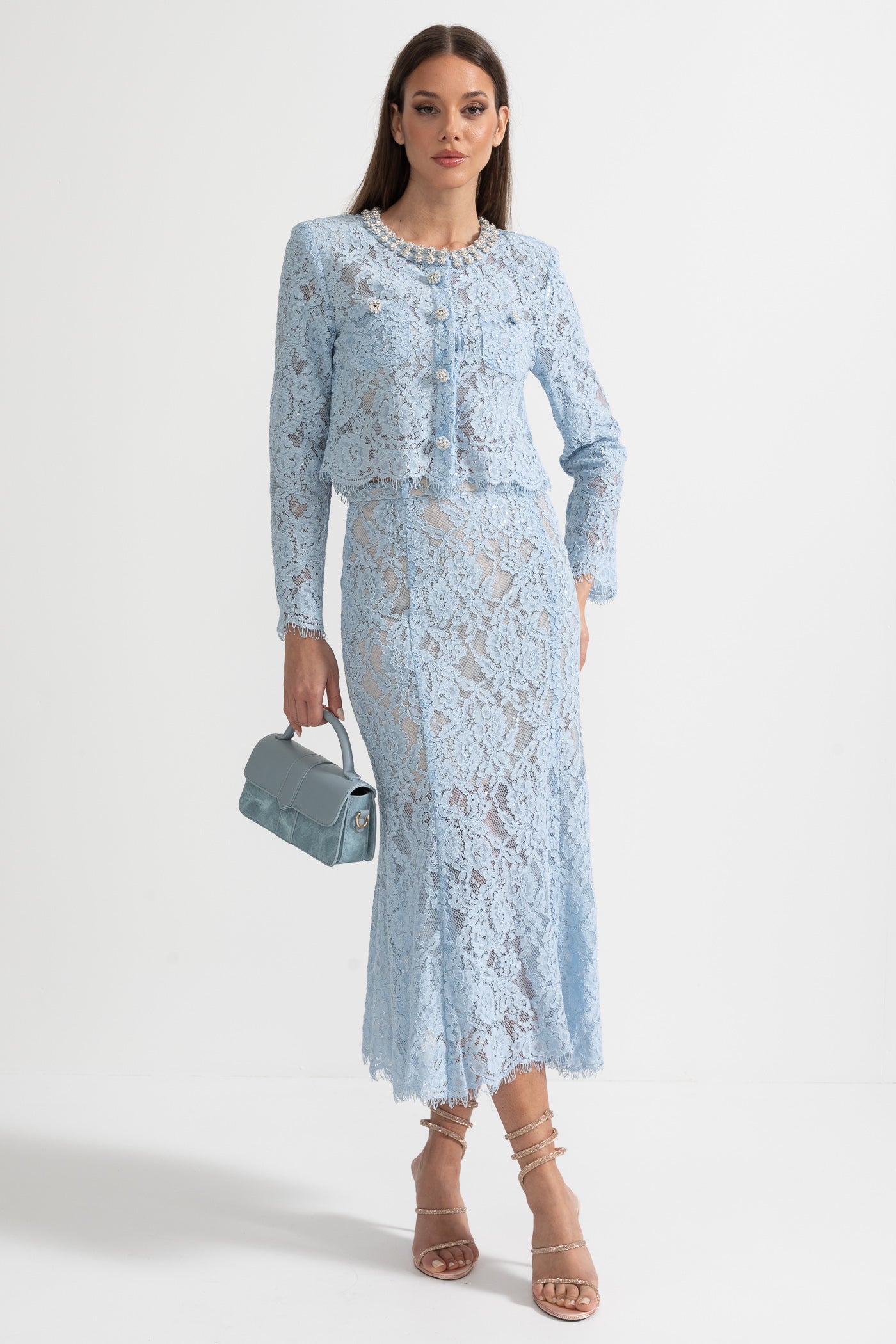 Lace Co-Ord With Sparkling Neckline Embellishments And Midi Skirt - Blue - ICYBOO