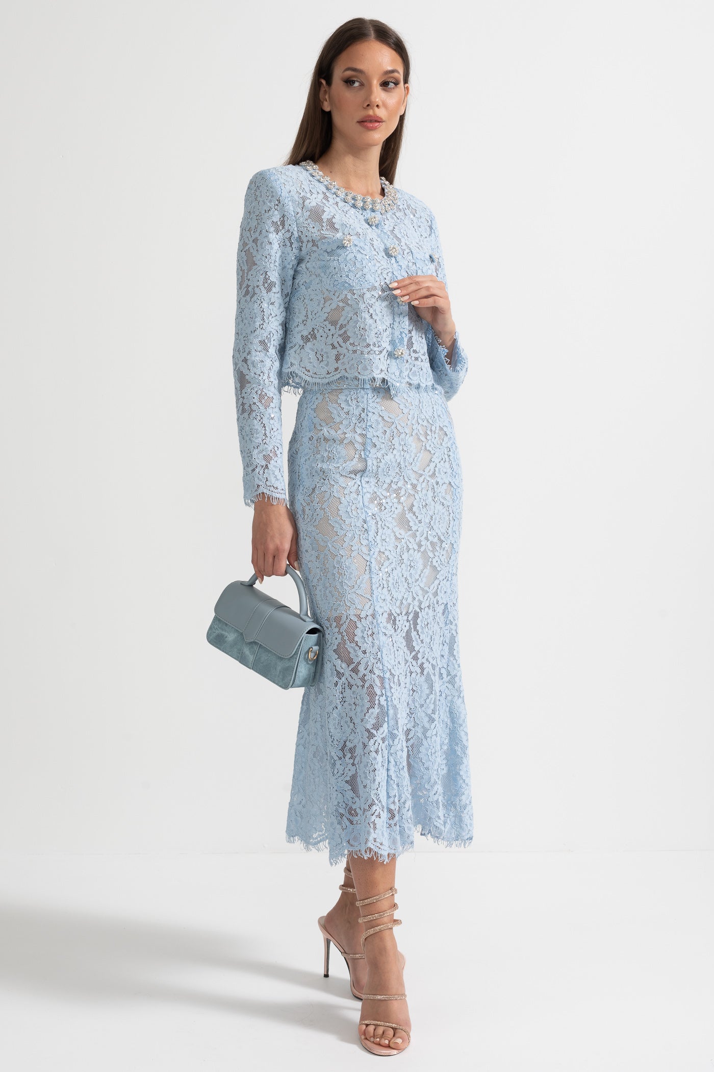 Lace Co-Ord With Sparkling Neckline Embellishments And Midi Skirt - Blue - ICYBOO