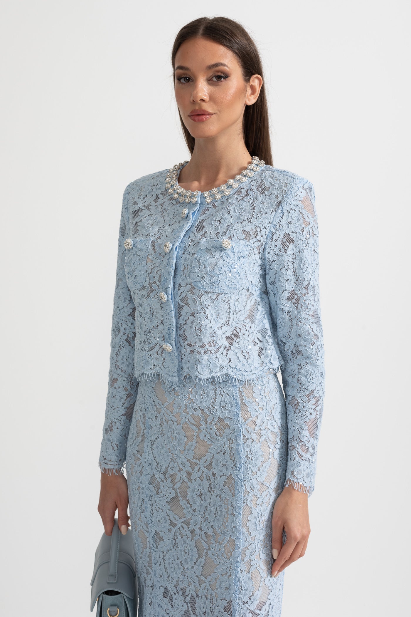 Lace Co-Ord With Sparkling Neckline Embellishments And Midi Skirt - Blue - ICYBOO