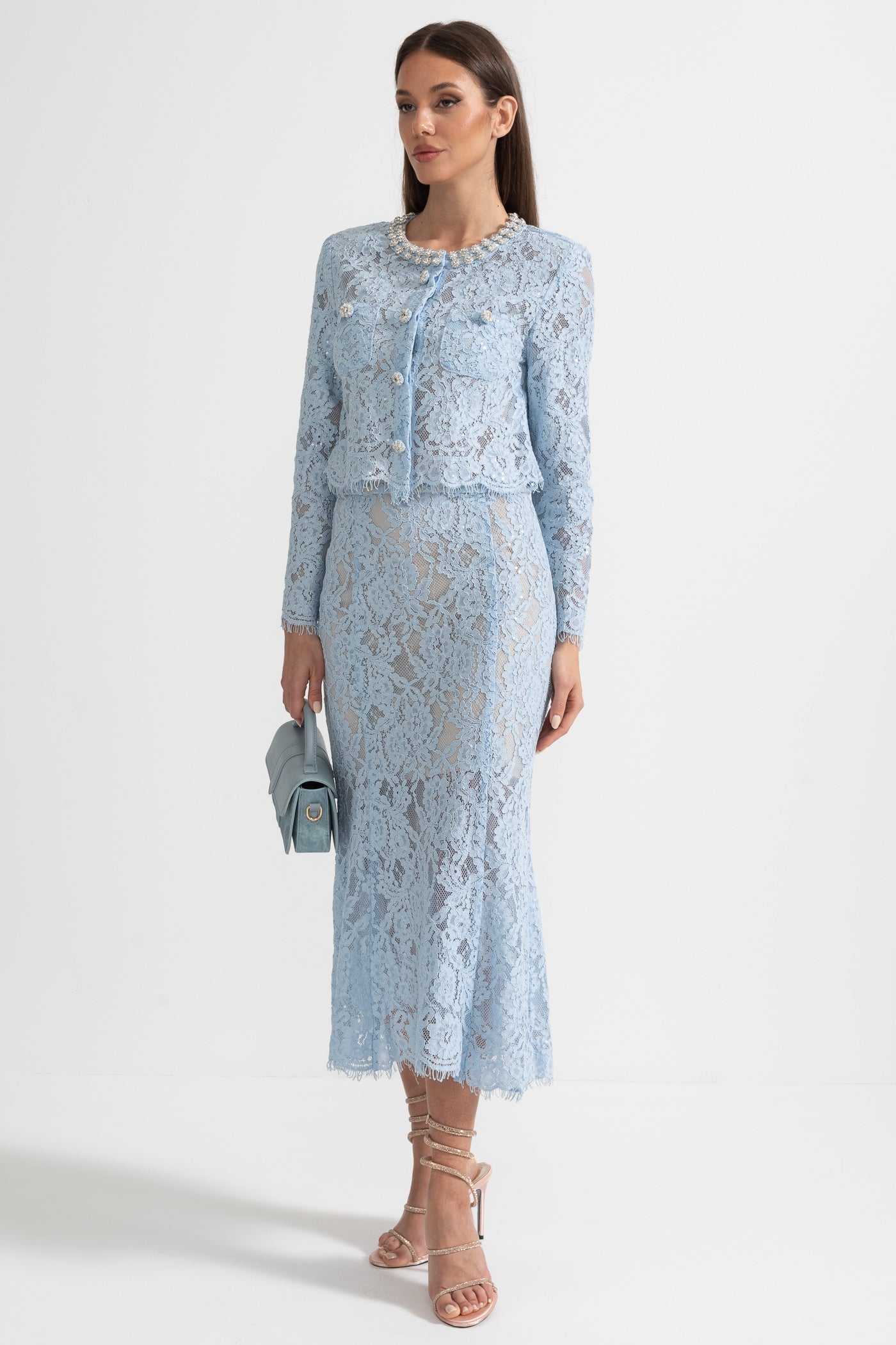 Lace Co-Ord With Sparkling Neckline Embellishments And Midi Skirt - Blue - ICYBOO