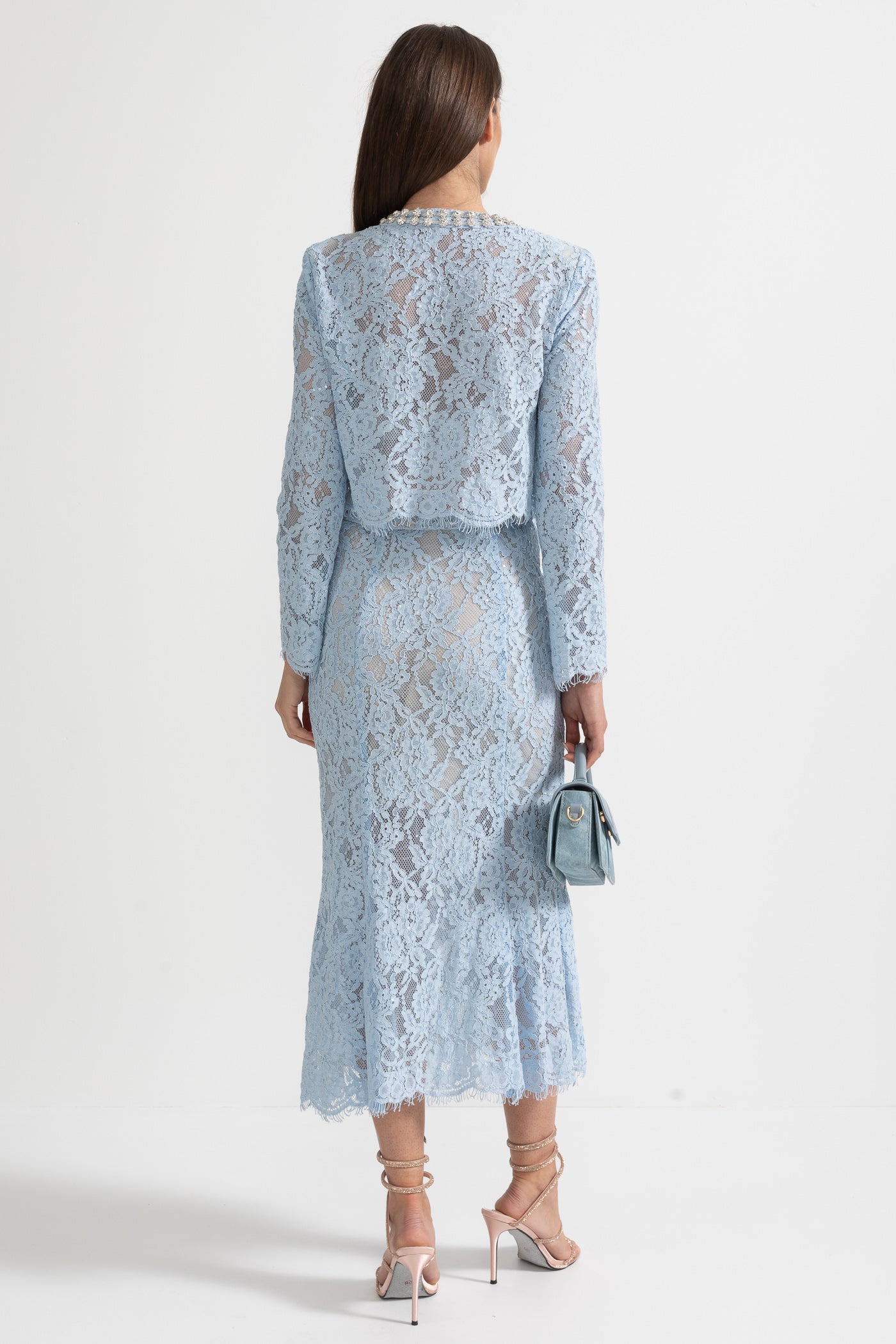 Lace Co-Ord With Sparkling Neckline Embellishments And Midi Skirt - Blue - ICYBOO