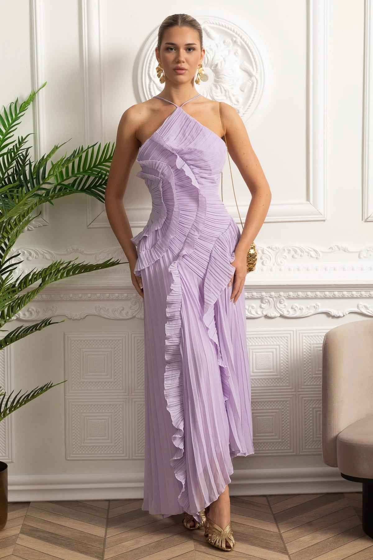 Lavender Pleated | PLEATED HALTER MIDI COCKTAIL PARTY DRESS