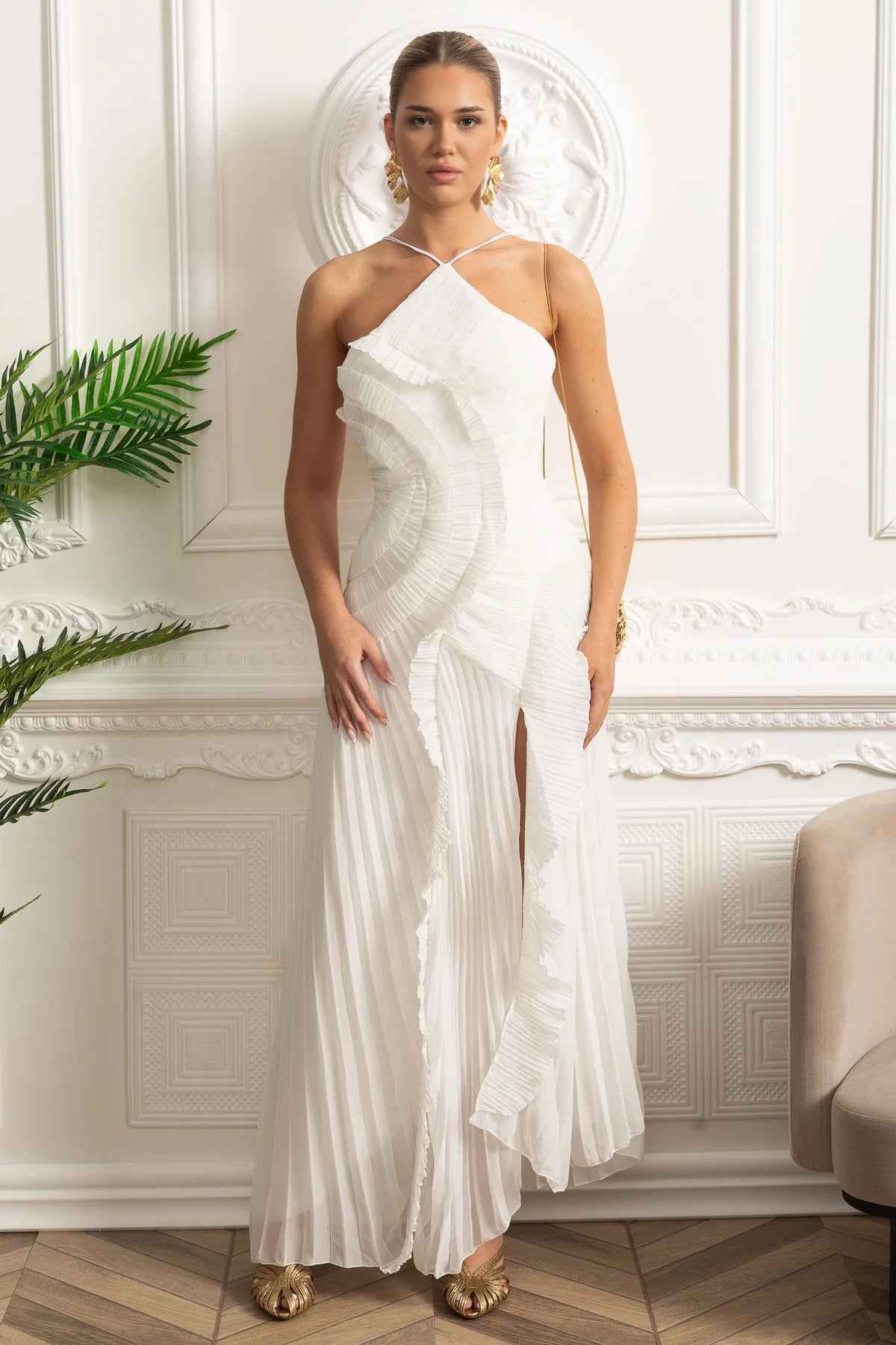 Pleated Halter Midi Dress With Cascading Ruffle Details - White