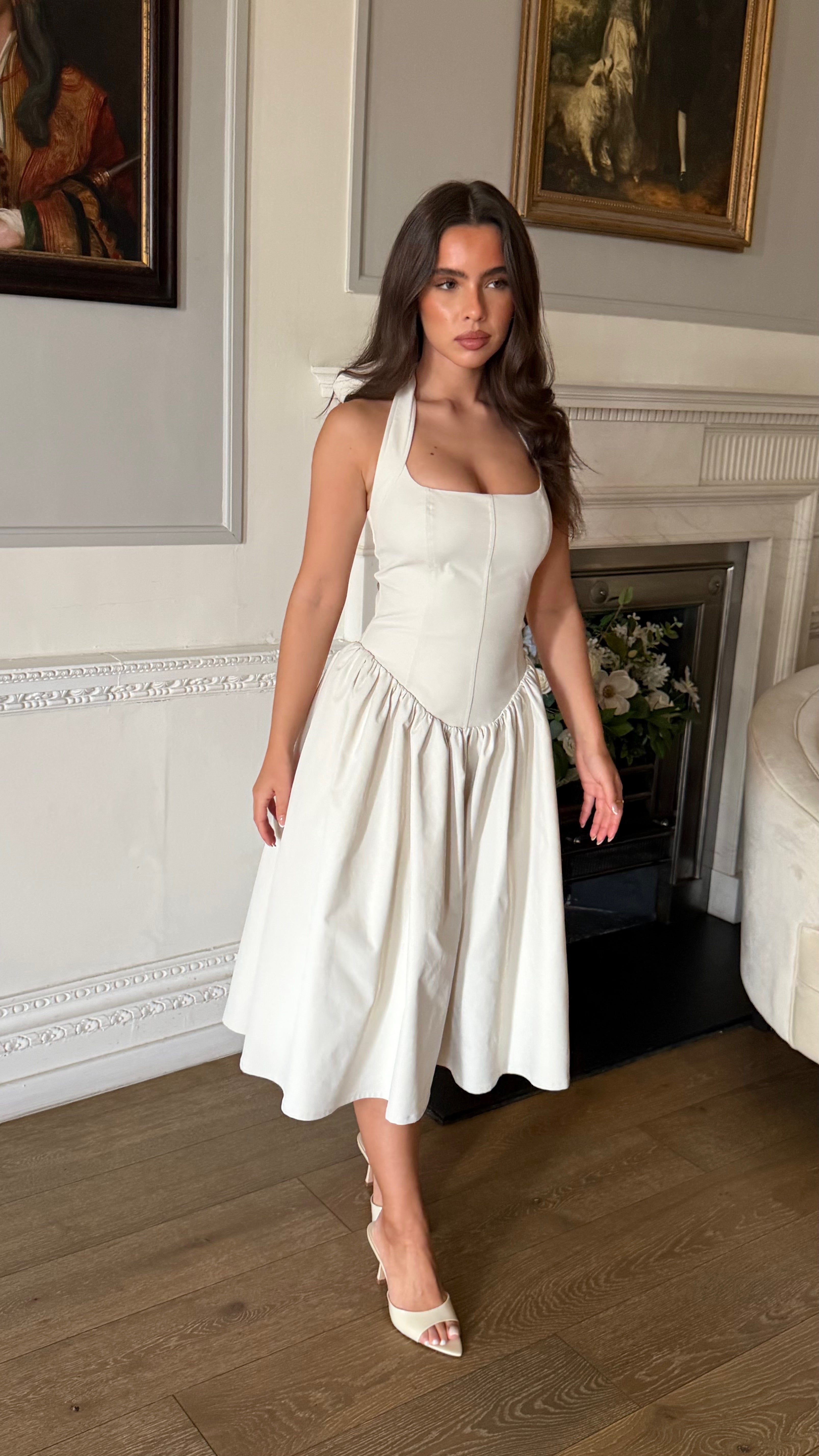 BLYTHE Halterneck Structured Midi Dress In Ivory - ICYBOO