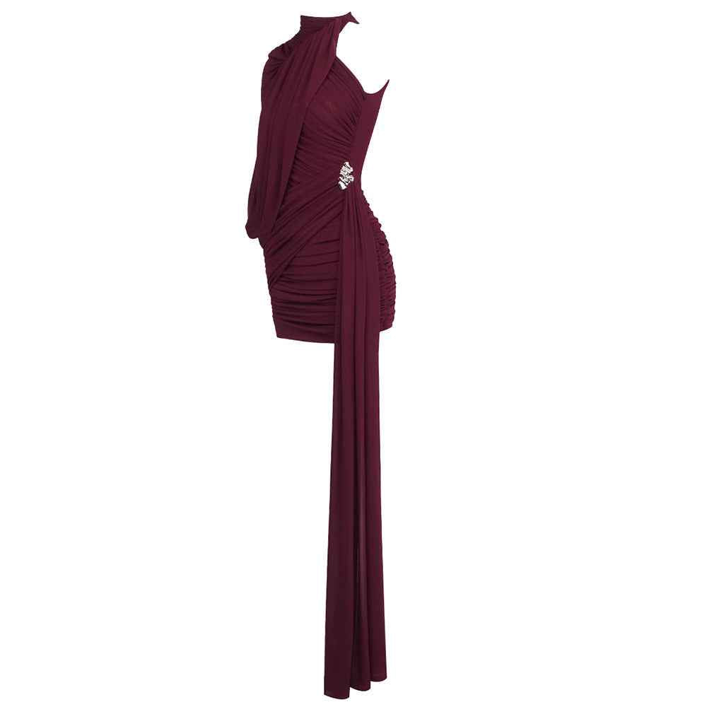 Instinct One Shoulder Draped Ruched Mini Dress Burgundy