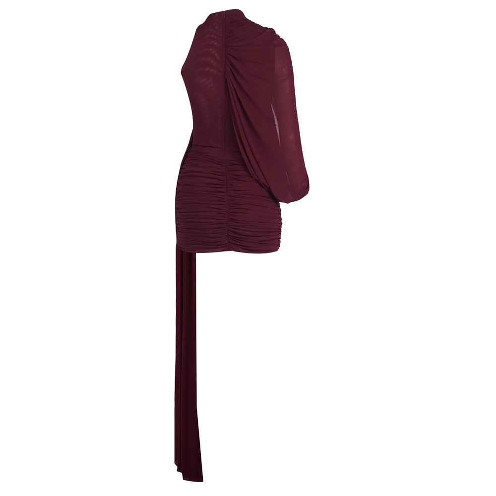 Instinct One Shoulder Draped Ruched Mini Dress Burgundy