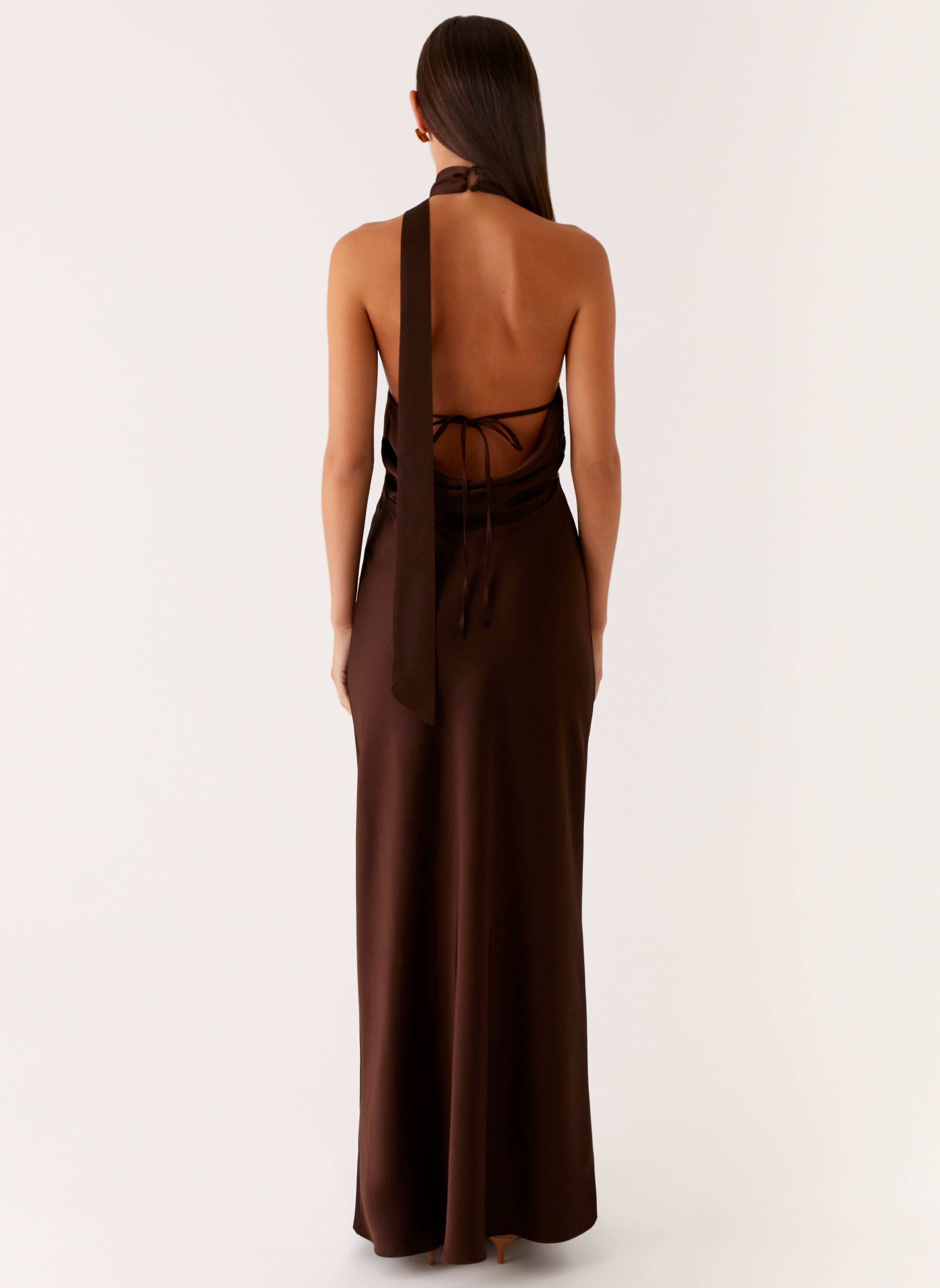 Keena Maxi Dress - Chocolate Satin Halter - ICYBOO