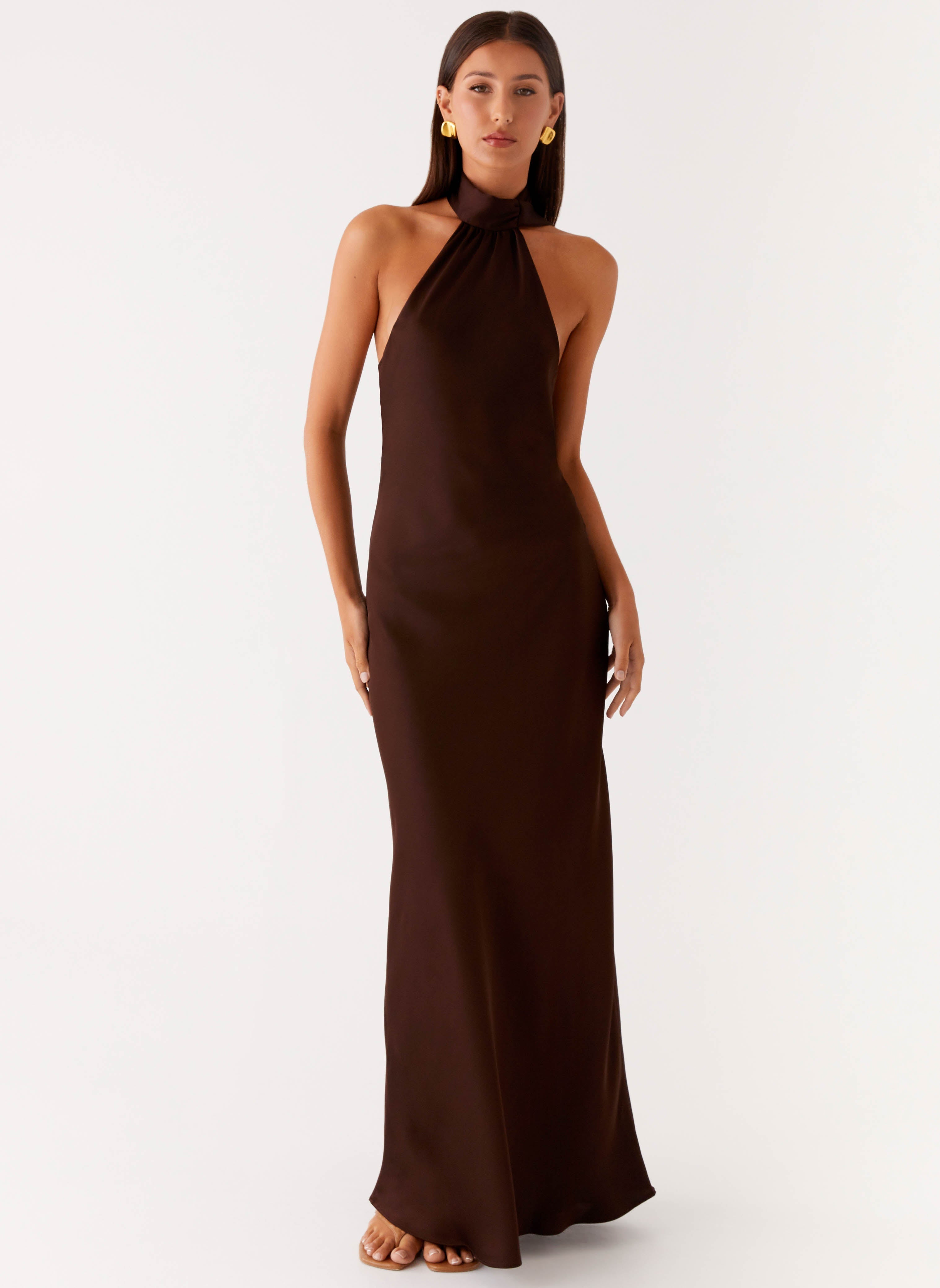 Keena Maxi Dress - Chocolate Satin Halter - ICYBOO