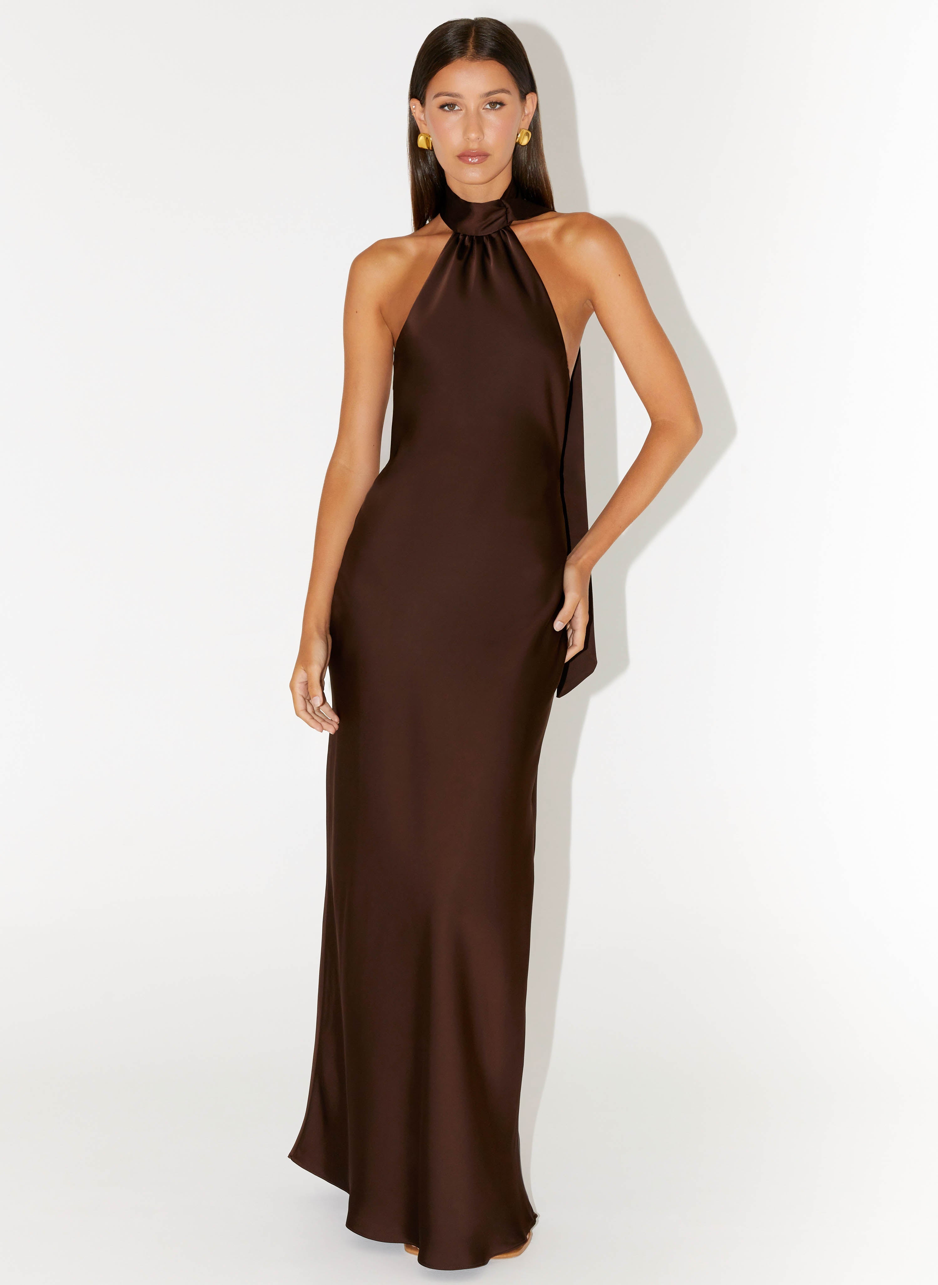 Keena Maxi Dress - Chocolate Satin Halter - ICYBOO