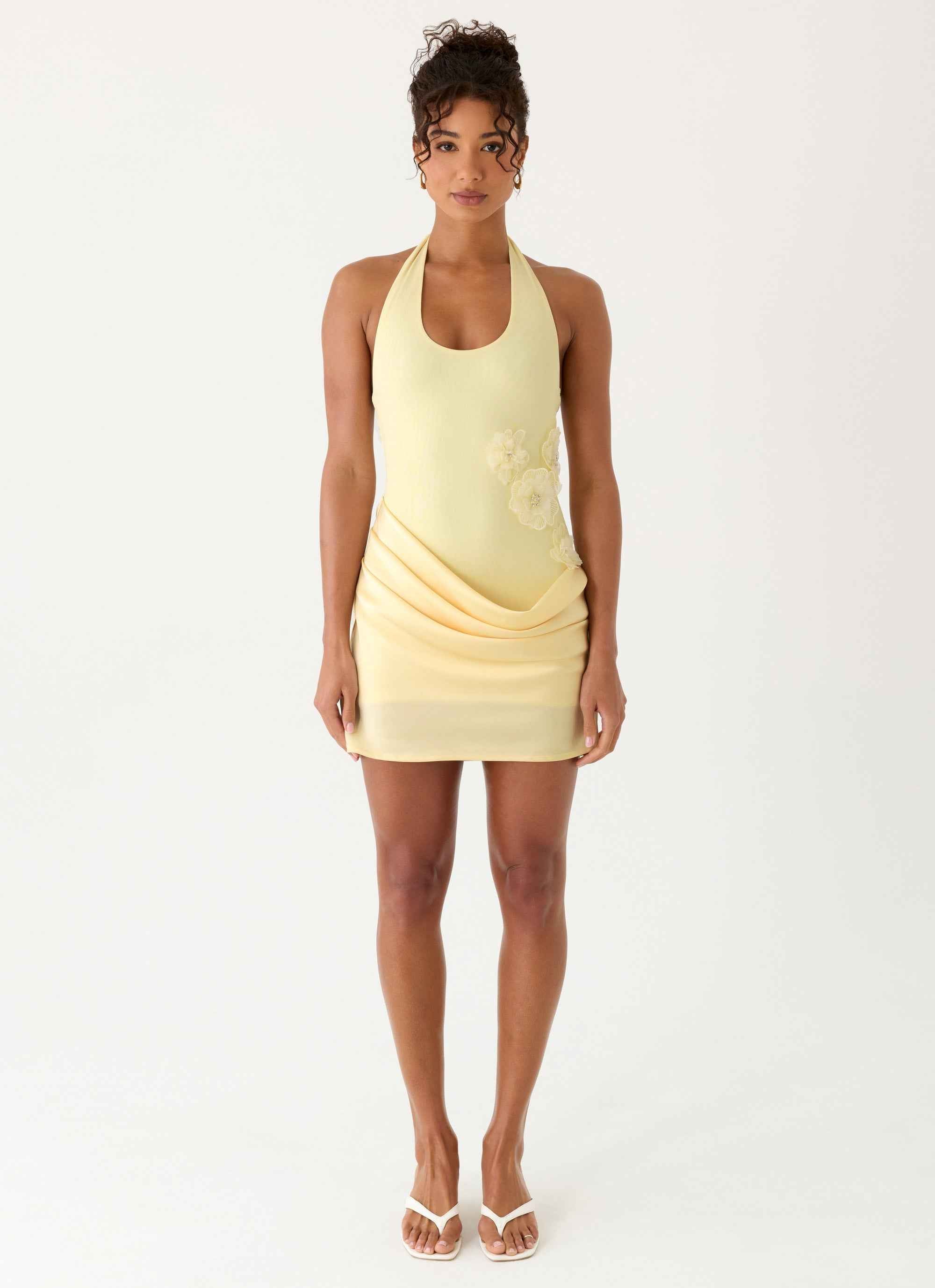Kimana Mini Dress - Yellow Satin Halter