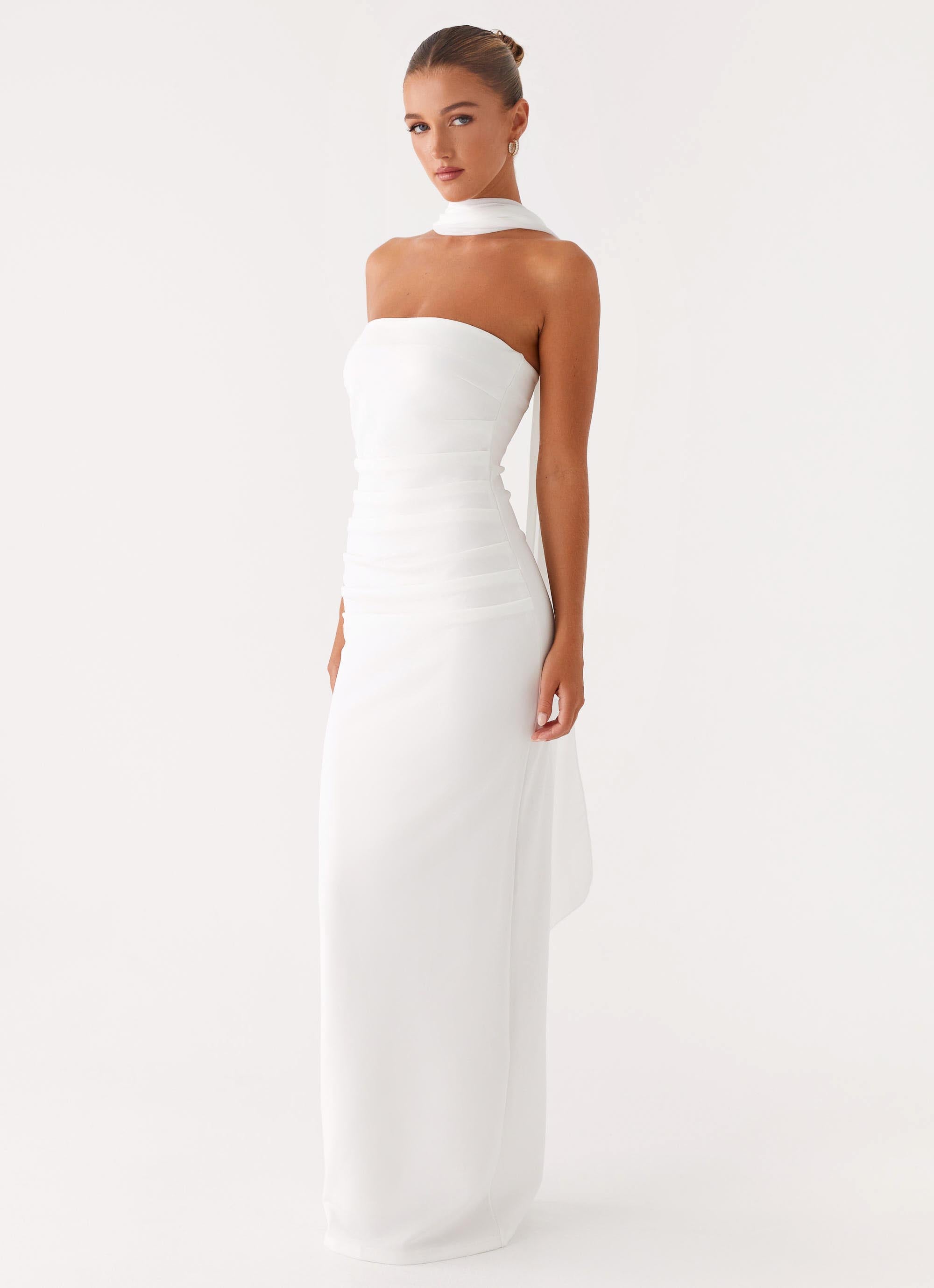 Libra Maxi Dress - White Strapless Crepe - ICYBOO