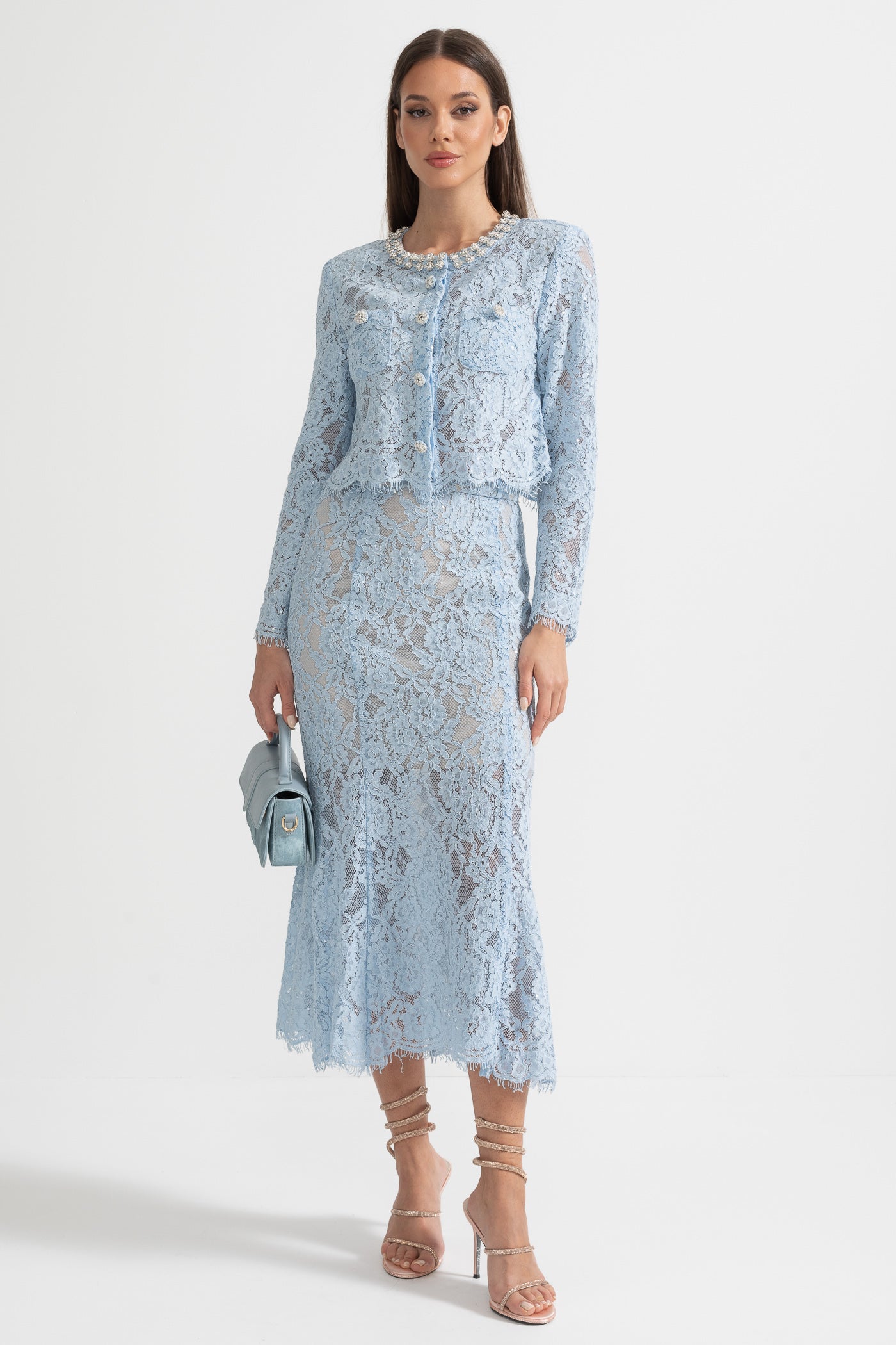 Lace Co-Ord With Sparkling Neckline Embellishments And Midi Skirt - Blue - ICYBOO