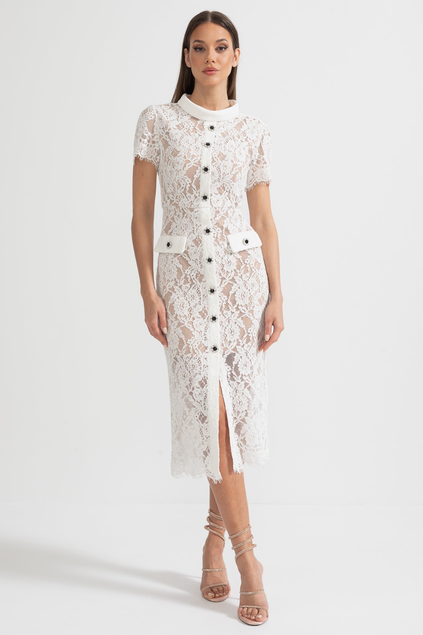Elegant Short Sleeve Lace Dress With Matching Waist Belt - White - ICYBOO