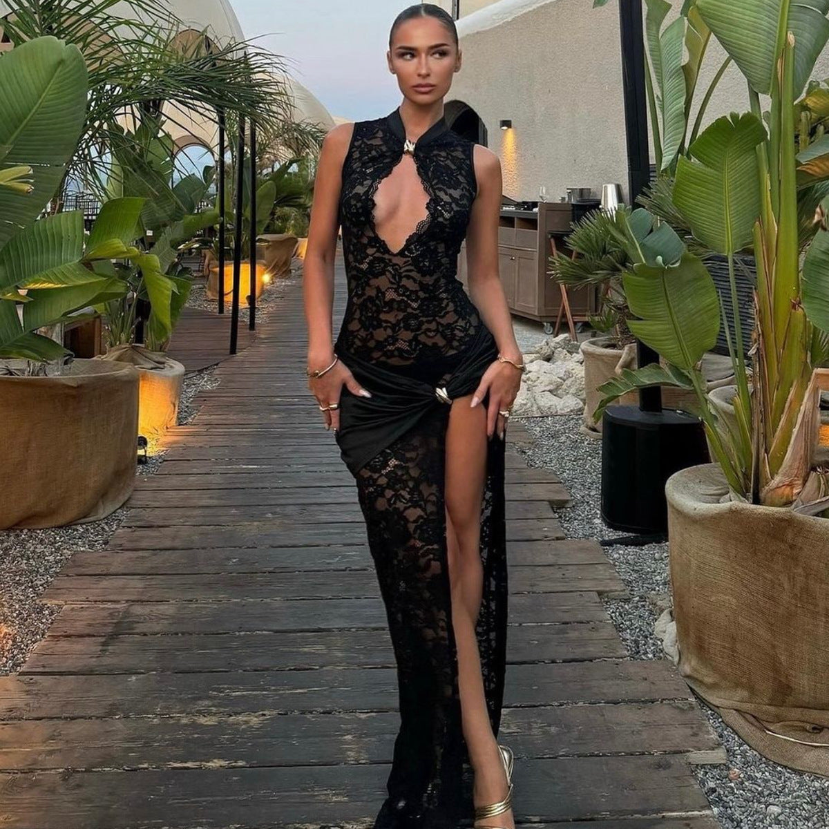 Lace Hollow High Split Sleeveless Maxi Dress - Black | Formal Evening Dress