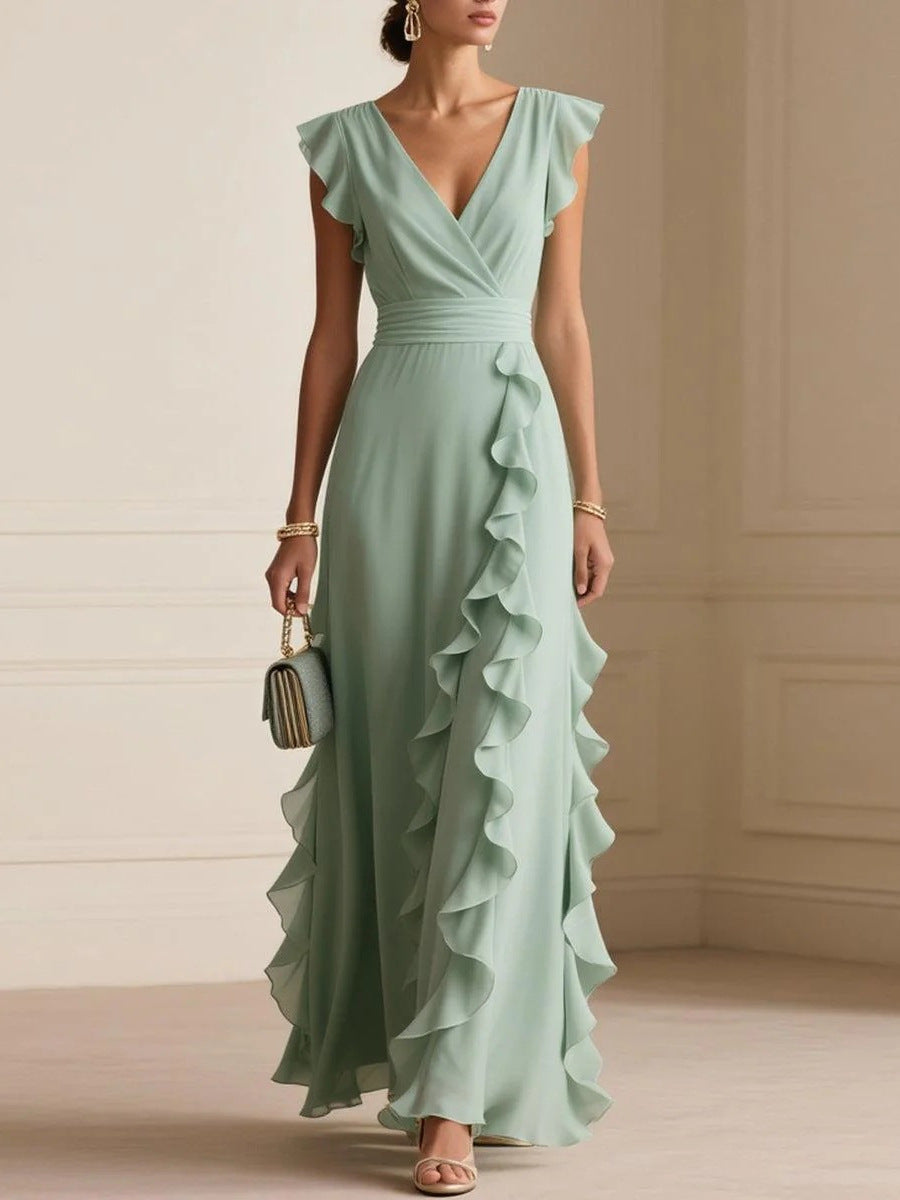 Pure Color Pleated V Neck Maxi Summer Dress - Green - ICYBOO