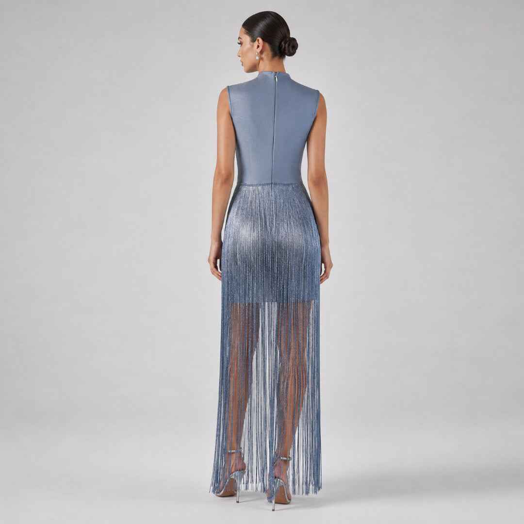 Symphonie Fringe High Neck  Maxi Dress