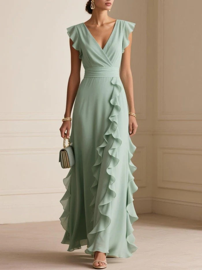Pure Color Pleated V Neck Maxi Summer Dress - Green - ICYBOO
