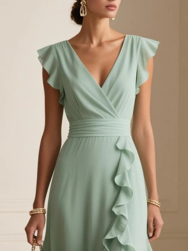 Pure Color Pleated V Neck Maxi Summer Dress - Green - ICYBOO
