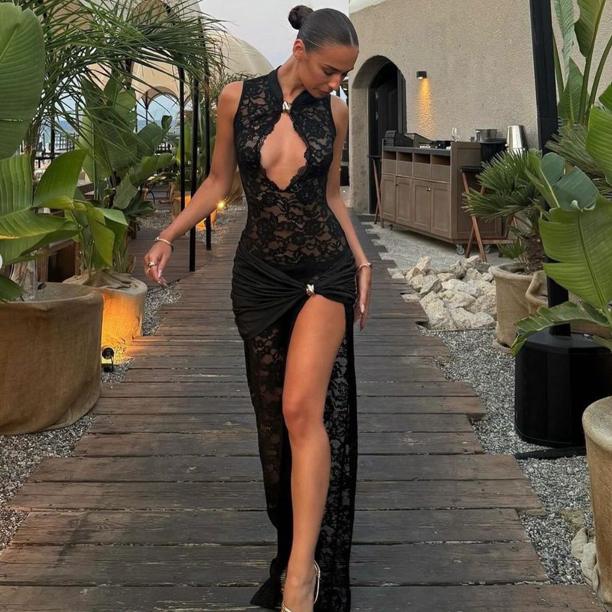 Lace Hollow High Split Sleeveless Maxi Dress - Black | Formal Evening Dress